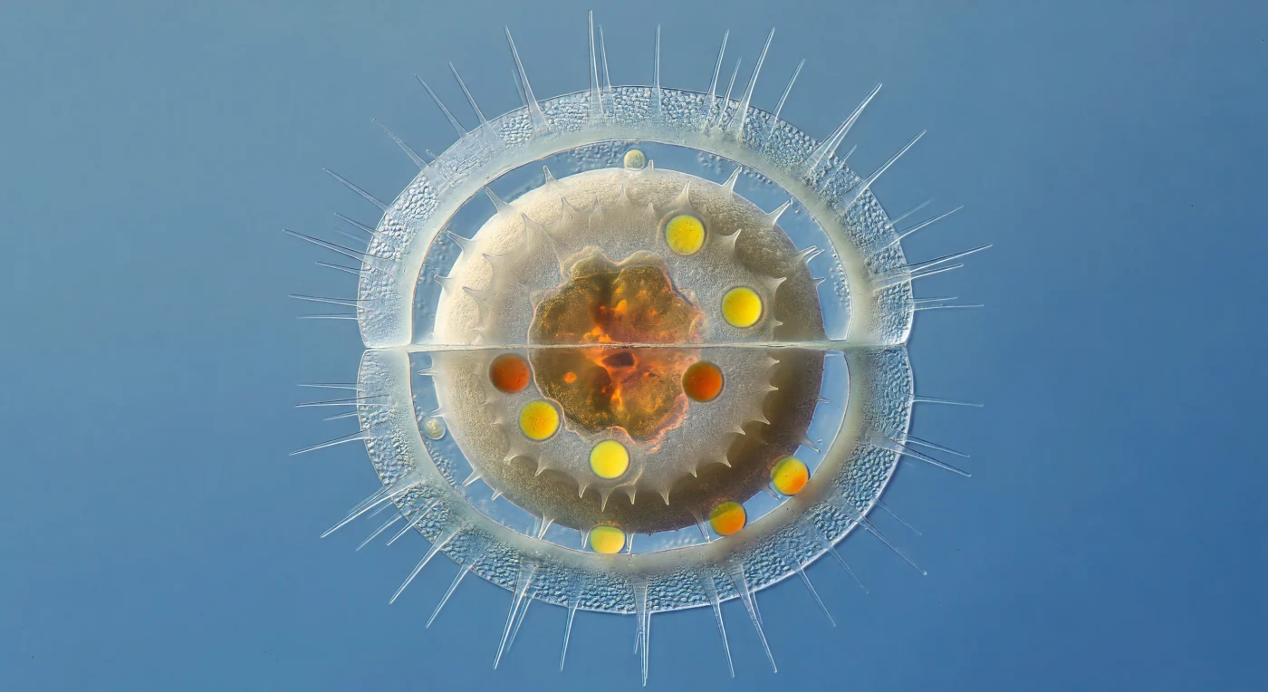 You are suspended ten micrometers from the outer wall of a dying *Chaetoceros* frustule, close enough that its long hollow setae radiate past you like the spokes of a shattered chandelier, each one a tapering needle of nearly vanished silica scattering ambient blue-green light into faint spectral halos. The parent cell's walls have thinned to gossamer — hydrated amorphous opal barely a hundred nanometers thick, its areolae bleached of interference color, the whole cylindrical lantern form held together more by geometric habit than by any remaining structural integrity, its copulae rings splayed slightly outward by the pressure of what swells within. Inside, the resting spore fills the dying shell the way a river stone fills a soap bubble: two full micrometers of granular amorphous silica stacked in concentric laminae, its surface roughened with blunt hexagonally clustered spines, its color the matte warm ivory of unglazed ceramic — opaque where the parent frustule is ghostly, dense where the outer walls are dissolving back into the silicic acid they borrowed from the sea. And yet sealed within that heavy ceramic vault, visible only because the thinning parent transmits light like a paper lantern, the interior of the spore glows: a collapsed lobe of deep amber chloroplast tissue — fucoxanthin concentrated to near-opacity — surrounded by brilliant cadmium-to-ember lipid droplets, each one a bead of stored solar energy pressing gently against the thick inner wall, the entire living treasure radiating warmth against the cold blue oceanic water fading to deep cobalt at the edge of the field.