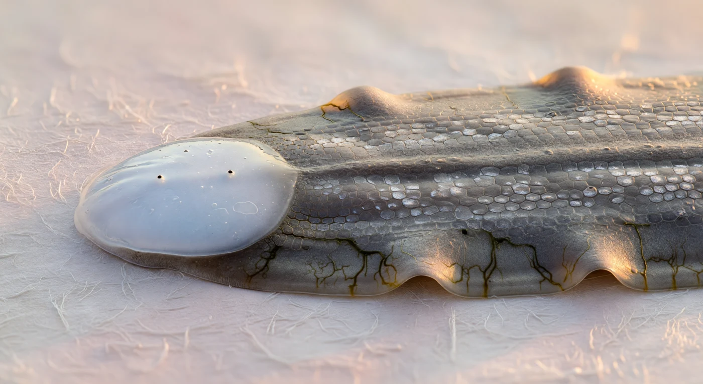 You hover centimeters above what the eye first reads as a coastal plateau at dusk — a broad, gently undulating mesa of dark gray-brown integument stretching rightward, its surface alive with a pearlescent sheen where rhabdite secretions and subsurface guanine deposits catch the oblique amber beam raking in from the upper right, the dorsal epidermis resolving into a subtly quilted mosaic of thousands of individual cells, each flagstone-facet glinting differently, while along the lateral margins the tissue thins to a translucent amber where gut diverticula trace dark dendritic shadows beneath, like rivers glimpsed through ice. At the left margin, the world transforms: the blastema rises as a shallow opalescent dome, glassy with retained moisture, scattering the warm light back as cold blue-white luminescence — a freshly formed plateau of pale milky translucence, smoother than any mature epidermis, sitting proud above the older pigmented tissue along a boundary ridge that marks the exact biological shoreline between differentiation and possibility. Within it, barely resolved but unmistakably present, two minute black pinpoints sit like distant volcanic craters on a white plain — nascent ocelli, dark pigment just beginning to consolidate around the photoreceptor clusters of a nervous system still being built neuron by neuron. Five days ago this anterior quarter of a living animal did not exist; what the light now sculpts so dramatically into geological relief is nothing less than the reinvention of a body from pluripotent cells, a process ancient enough to predate the Cambrian and quiet enough to be mistaken, at this scale, for slow stone.