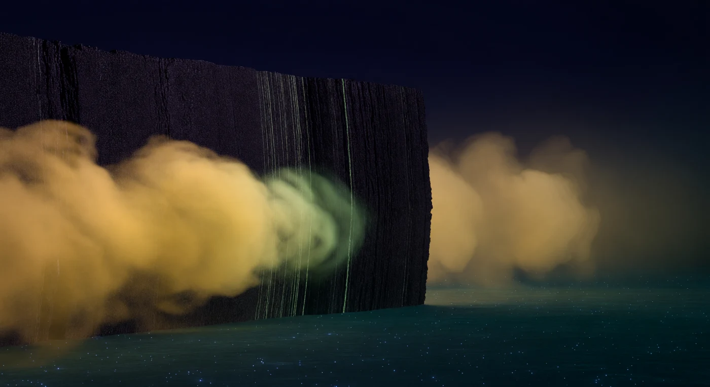 A sheer wall of compressed potential energy fills the left horizon, rising without summit into absolute indigo-black — not a surface in any geological sense, but the materialized form of a classically forbidden barrier, where quantum mechanics dictates that no particle following classical rules has any right to exist. Yet from the left, a warm amber-gold probability fog rolls in slow coherent billows and strikes the face of the barrier, and something extraordinary happens at the threshold: a pale chartreuse evanescent tail pushes fractionally into the obsidian interior, its brightness halving, then halving again with each unit of depth — an exponential extinction not of light being blocked, but of quantum amplitude genuinely collapsing, the wavefunction decaying as it penetrates a region where its kinetic energy has, in classical terms, gone negative. This is quantum tunneling rendered as landscape: the electron does not go over or around the barrier, it dissolves partially into it, maintained only by the non-zero overlap between its probability amplitude and the far side, and on that far side — quieter, cooler, dimmed — a reconstructed amber-ochre mist drifts into open vacuum, unmistakably the same wavefunction, ghosted down by the transmission penalty. The luminance difference between the blazing incoming fog and the hushed transmitted haze is not aesthetic — it encodes the tunneling probability directly, the same mathematics underlying scanning tunneling microscopy, nuclear alpha decay, and the hydrogen fusion that powers stars.