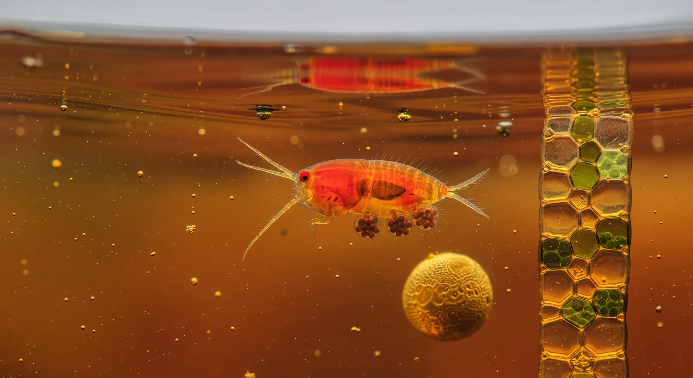The viewer floats at eye level with a world measured in fractions of a millimeter, suspended inside a peat bog where the water itself has become a liquid amber — every photon arriving from the overcast sky above has been chemically transformed by dissolved humic and fulvic acids into warm honey-gold, deepening to mahogany-brown at a distance of mere centimeters that reads here as a foggy horizon. At the center of the scene, an *Acanthocyclops robustus* cyclopoid burns with improbable color, its carotenoid-saturated orange-red body the single vivid element in an otherwise monochromatic amber universe; the teardrop prosome is armored in semi-transparent chitin through which the darker gut stripe is faintly legible, the antennules spread laterally like a pair of sensor arrays, each individual seta resolved as a hair-thin gold filament in the diffuse light. To the right, a Sphagnum stem presents its cellular architecture like a stained-glass wall — enormous dead hyaline cells glowing as translucent amber chambers, rhythmically interrupted by the cooler chlorophyll-green of living photosynthetic cells in a pattern that reveals how this plant engineers its own water-retention, while in the foreground a pine pollen grain the size of a small planet relative to the copepod tumbles slowly, its sculpted reticulate exine catching warm light across ridges and air-bladder lobes formed long before any insect or crustacean registered its presence. Above, the water surface is an amber mirror of total internal reflection broken only by Snell's window — a compressed circle of cold grey sky, the sole reminder that a larger, cooler world exists beyond this ancient, resinous interior.