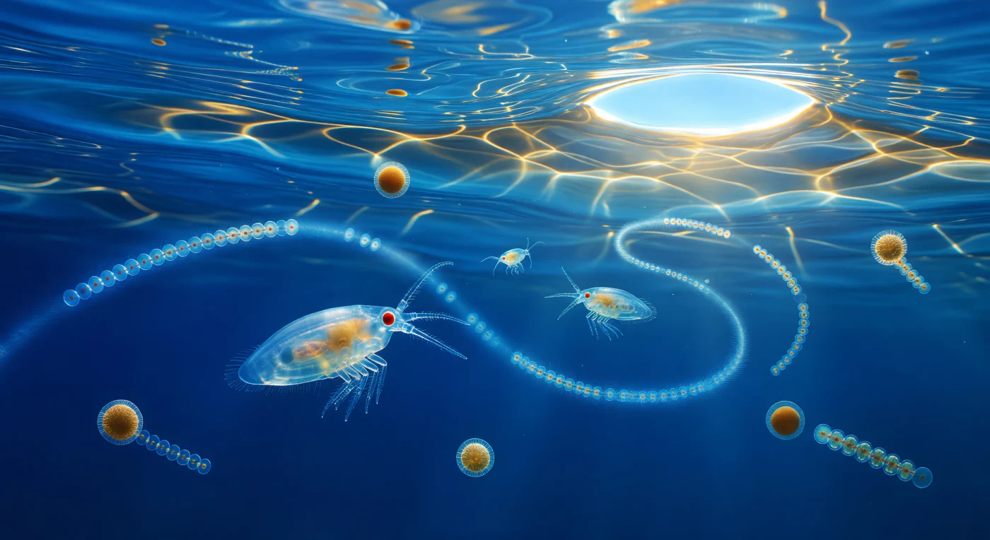 You are looking along a pursuit corridor that exists entirely within a world measured in millimetres, suspended in tropical blue at ten metres depth where full sunlight still arrives with authority. In the sharpest foreground, a male calanoid copepod — his body a teardrop of near-perfect glass, one to two millimetres of living transparency — dominates the scene: his single median nauplius eye burns ruby-red at the anterior pole, his amber lipid sac glows like a bead of autumn resin, and his modified antennules arc forward with their iridescent aesthetascs vibrating in the molecular gradient she has left behind, while thirty body-lengths ahead the female appears smaller, cooler, equally transparent, her own antennules angled back as if already reading the pressure wave closing on her through water that, at this scale, resists movement the way syrup resists a spoon. Between them coils a helical ribbon of faint cerulean luminescence — an interpretive trace of the pheromone trail she has inscribed in molecular chemistry against the indifferent ocean, its soft edges feathering into the surrounding blue like exhaled breath, the winding record of her exact recent trajectory through a viscous medium governed by low Reynolds-number physics. The surrounding column blazes with cascading caustic lattices refracted through the swell above, Snell's window burning as a white-gold oval in the upper right, and scattered throughout the radiant void, armoured dinoflagellate spheres and silica-setaed diatom chains catch the golden light at random intervals, each one a reminder that this entire scene — pursuit, chemistry, transparency, light — unfolds within a biological universe whose largest citizens would balance on the edge of a coin.