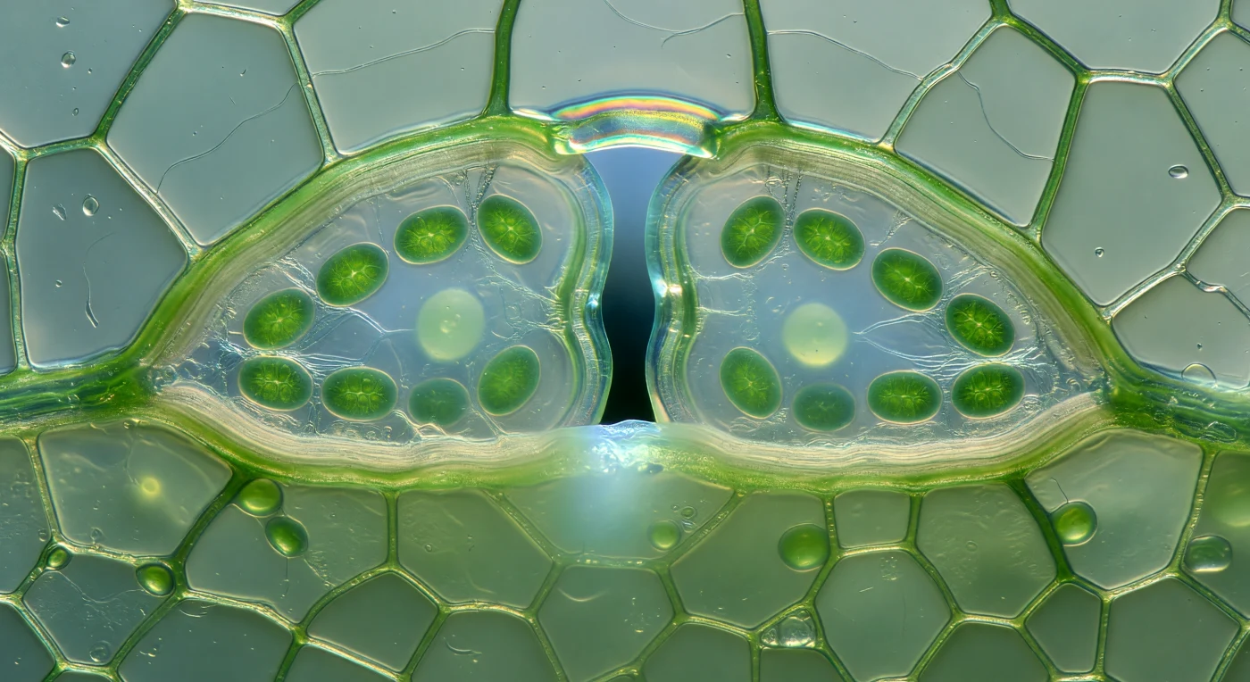Looking upward from the substomatal cavity, you find yourself suspended inside a living architectural vault — two kidney-shaped guard cells arch overhead like the keystones of a cathedral door, each one swollen taut with osmotic pressure, their surfaces gleaming with an aqueous film that transforms oblique light into long specular ridges of wet jade. The inner walls of these cells are visibly thickened, their cellulose microfibrils packed into pale ivory laminations whose structural asymmetry is the sole mechanical reason the pore gapes open rather than collapsing — a seven-micron slit of cold blue-white sky visible at the apex, backlit by open atmosphere and sharply contrasting with the warm chlorophyll-green pressing in from either side. Along the inner face of each guard cell, twelve chloroplasts are marshalled in a loose procession, lens-shaped bodies four to six microns long, their photosynthetic membranes glowing with an almost self-generated luminescence, pressed there by the very turgor pressure that holds the stoma open — a feedback written directly into the cell's geometry, since the same osmotic engine that drives guard cell inflation also energizes the chloroplasts performing the photosynthesis that fuels it. Around this incandescent frame, the surrounding epidermal pavement cells recede as pale, featureless panes, large-vacuolated and nearly colorless, while below your vantage point the substomatal cavity dissolves into a spongy mesophyll labyrinth where wet cell surfaces catch condensed vapor into gleaming meniscus films and scatter light into a soft biological fog.