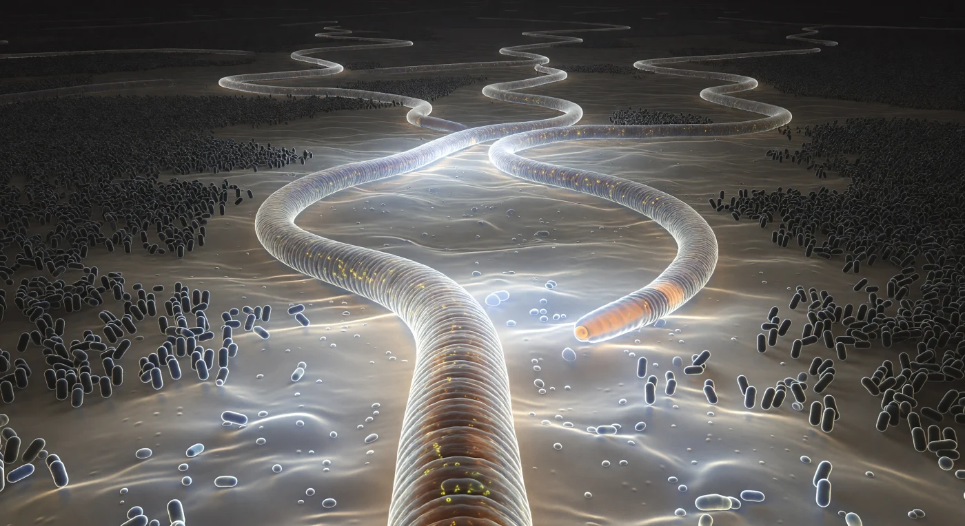 The world stretches away in every direction as an immense backlit plain, the nutrient agar terrain rolling in faint micro-ridges and glistening menisci to every horizon, its translucent amber depths set ablaze by cool transmitted light from below, and ahead of you the bacterial lawn rises as a dense, nearly impenetrable forest of dark *E. coli* silhouettes, each rod shimmering faintly with diffraction color where it stands clear at the nearest rank, the canopy behind absorbing the brilliant floor-light into deep charcoal shadow that extends without interruption to the limits of sight. Behind you, carved by your own sinusoidal passage, a cathedral corridor of cleared gel surface opens wide, its walls sheared crisp and vertical where the bacterial mat ends abruptly, blue-white edges gleaming on each exposed face, the sweeping crescent geometry of your locomotion written into the landscape in repeating arcs that curve away into middle distance where other worm trails weave their own subtly different sinusoidal signatures — older paths already hazed by bacterial recolonization creeping back from the margins. Immediately in front of you the pharynx drives its machinery in rapid rhythmic pulses, the terminal bulb compressing and releasing several times each second, each stroke drawing individual bacterial rods inward through the buccal cavity and into the amber grinder whose contents darken progressively into the warm orange-brown of a filling gut, gut granules catching the transmitted light as faint autofluorescent sparks within the intestinal cells, the entire alimentary canal visible as a brightening tube the length of a body that is itself luminous and architectural — its corrugated annulations tracing specular highlights across the cuticle wall like a rippling metallic skin stretched over a pressurized cylinder moving through a world defined entirely by surface tension, viscosity, and the slow logic of low Reynolds number existence.