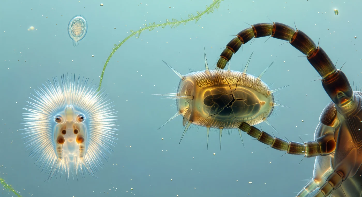 You hover in pale turquoise open water as a crisis unfolds directly ahead: a copepod antenna — thick as a fallen cable, dark amber-brown chitinous surface banded with transverse rings and bristling with sensory setae like iron spikes — curves across your right visual field and grips a *Brachionus* lorica suspended in the water column, while below frame its mandibles press upward into the rotifer's sealed walls. The lorica is a small amber-gold rectangular box, its ridged hexagonal surface ornament catching the diffuse blue-shifted light in faint warm highlights, but the animal inside is invisible — anterior opening sealed flush, posterior spines jutting like pale ivory thorns, all organs compressed into a dark shadow barely readable through the translucent walls — and where the mandibles press, hairline fractures radiate from the bases of anterior spines, glinting faintly like craze-cracks in stressed resin. Rotifers at roughly 100–500 µm inhabit a viscous world where water resists like glycerol, momentum is irrelevant, and stopping is instantaneous — here, the sealed lorica represents the animal's only defense against a predator ten times its mass, withdrawing into its own box and closing every aperture while the chitinous walls absorb the crushing load. To the far left, a second *Brachionus* feeds in total indifference, its corona blazing into brilliant white luminescence, metachronal ciliary waves pulsing at 15–25 Hz in a shimmering living wheel, mastax grinding warmly visible through its translucent body — and the contrast between that radiant, open, pulsing animal and the sealed amber box cracking in the foreground is immediate and visceral, one organism in full biological expression while the other waits compressed inside its own fracturing walls, the copepod massive and implacable as a fallen tree.