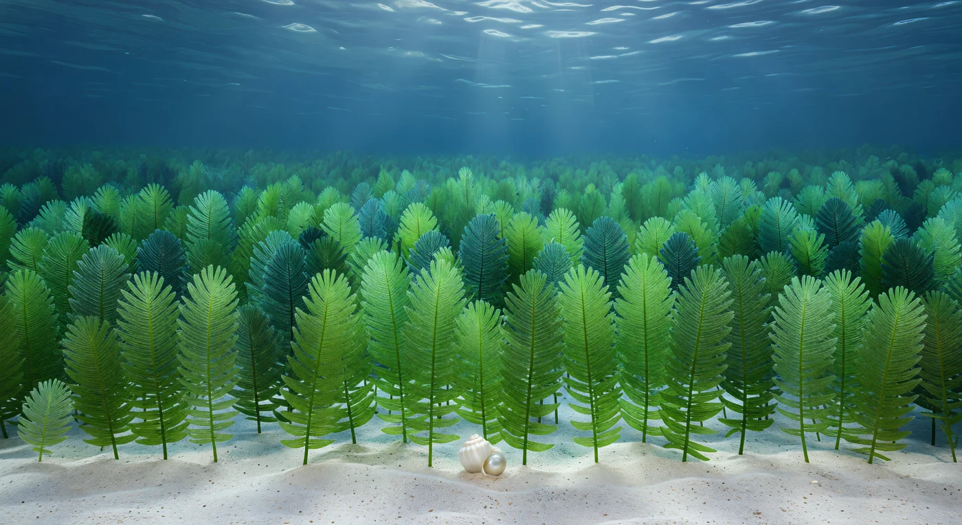 Hovering centimeters above the Mediterranean seafloor at twelve meters depth, you find yourself eye-level with one of biology's most radical architectures: an unbroken emerald carpet of *Caulerpa taxifolia*, each feathered frond a single coenocytic organism — no internal walls, no compartments, just one continuous cytoplasm enclosed within a membrane that stretches across the entire thallus, from stolon to pinnule tip. Each rachis, no thicker than a knitting needle, branches into dozens of paddle-flat pinnules arrayed with the geometric precision of a living tessellation, their chlorophyll-dense cortex so concentrated that the thinnest edges glow translucent lime-yellow where diffuse, caustic-scattered sunlight rakes diagonally down through the water column above. Within these glassy walls, cytoplasmic streaming moves silently — rivers of granular green cytoplasm circulating at a few micrometers per second, the cell's internal logistics operating at a scale you could almost perceive if you held still long enough. The sole interruption to this alien monoculture is a single bleached gastropod shell resting at the boundary between sand and stolon mat, its ivory calcite surface an incongruous relic of animal architecture against the relentless, vegetative intelligence of a world built from a single cell, repeated to the horizon.