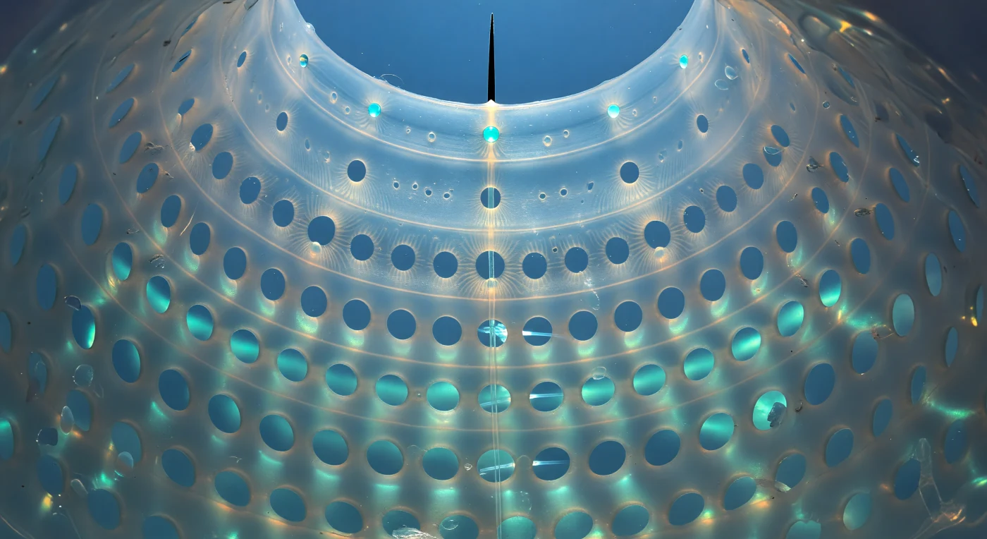 You are suspended inside the skeletal architecture of a single-celled organism no wider than a human hair, within a vaulted tunnel of biogenic opal silica — amorphous hydrated silicon dioxide secreted by the cell itself, one molecular layer at a time, into a precise geometry that took hours to mineralize. Around you, the latticed walls of *Eucyrtidium calvertense* curve inward at arm's reach, their elliptical pores arranged in spiraling registers, each aperture flooding the interior with aquamarine ocean light that refracts through the translucent silica into trembling caustic rings, turning the chamber into a shifting mosaic of cold blue-green fire. Above you, five successive septa stack in forced perspective — annular walls of the same frosted opal, each pierced by a central foramen that funnels and concentrates the incoming light, the openings diminishing upward until the fifth is a burning pinprick of turquoise brilliance, above which the apical spine rises as a needle of dense silica, silhouetted in perfect black against the open water column beyond. The extracapsular cytoplasm that coats every inner strut in a barely visible gelatinous film is not decoration but function — axopodia thread outward through these very pores into the surrounding ocean, stiffened by crystalline microtubule bundles, hunting bacteria and dissolved organics in a fluid regime so viscous at this scale that inertia is meaningless and every movement is governed entirely by drag. This is the interior of a skeleton built by a living cell, in a world where gravity barely registers, where Brownian motion is the background noise of existence, and where the entire cathedral around you will one day sink through kilometers of open ocean to join half a billion years of radiolarian fossils on the seafloor below.