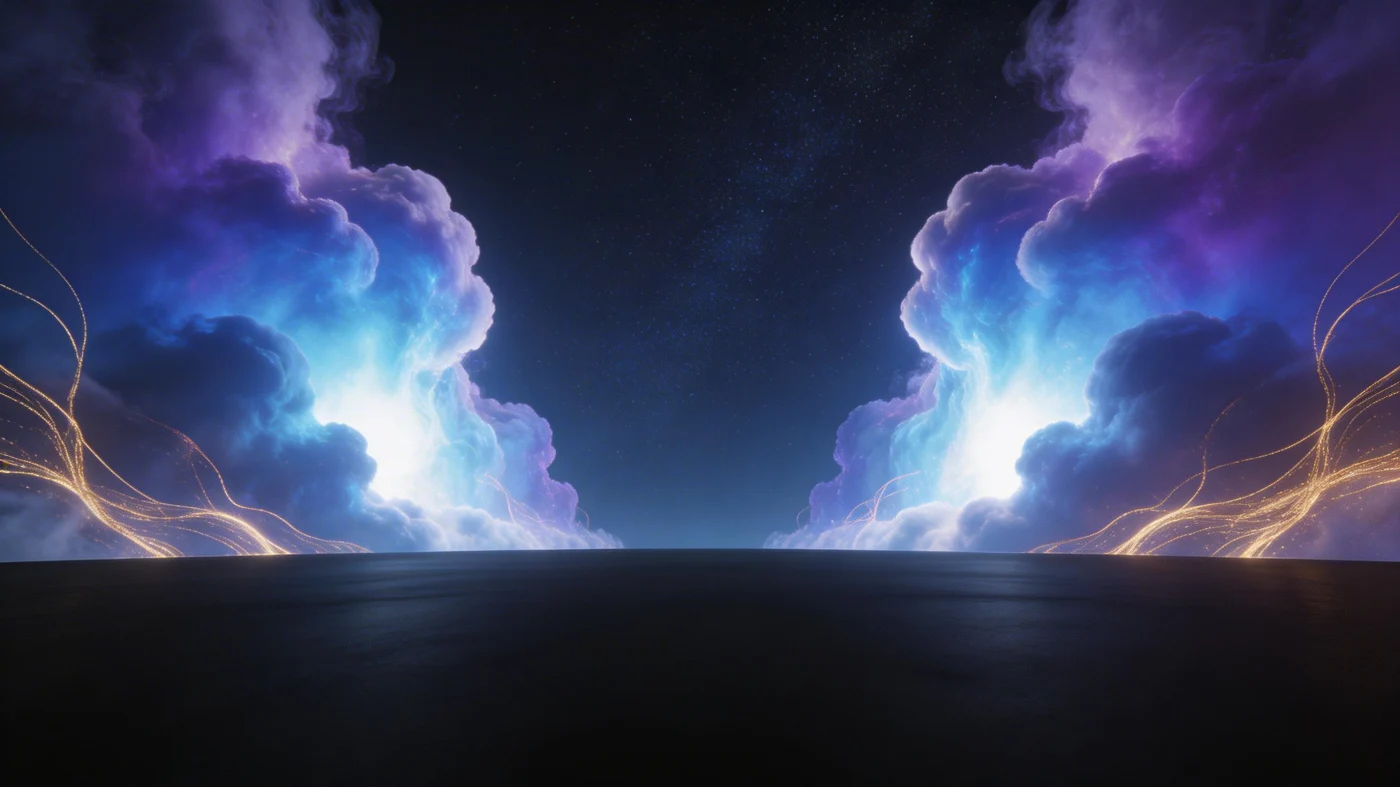 The viewer stands on a perfectly flat nodal plane where the hydrogen 2p orbital’s probability density falls to zero, rendered as a featureless black void that contains no matter and no measurable surface texture. On both sides, two towering lobes of electron cloud rise like mirrored mesas, their inner faces brightest where the wavefunction’s amplitude is greatest and their outer edges thinning into violet wisps as the probability fades toward zero. Fine gold filaments thread through the scene as Coulomb field lines from the unseen nucleus, emphasizing that this is not a solid landscape but a standing quantum pattern of charge and likelihood. The symmetry, stillness, and immense apparent scale make the empty plane feel like a forbidden boundary between regions of high electronic presence, suspended in a vacuum shaped by atomic forces.