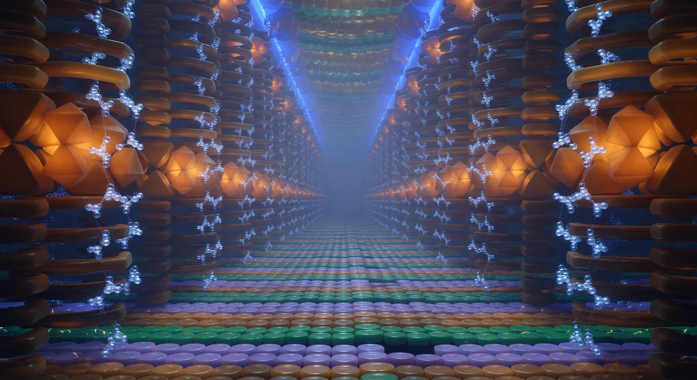 You stand at the bottom of a canyon that has no geological age — carved not by water or wind but by the precise logic of base-pairing and phosphodiester bonds, its walls built fresh at every cell division and read continuously by proteins that must find their footing on this same uneven terrain. The groove enclosing you is the major groove of B-form DNA: 22 ångströms wide and lined on both sides by the sugar-phosphate backbone, whose deoxyribose rings arch upward in bronze pentagonal frames while the phosphate groups project outward as rust-orange tetrahedra, each one slicked with an ordered shell of water molecules arranged in pearl-like hydrogen-bonded chains — the spine of hydration that stabilizes the helix and helps transcription factors recognize their binding sites without ever touching the bases directly. Beneath your feet, the groove floor is a mosaic of stacked base-pair discs — teal adenine against sienna thymine, forest-green guanine against lavender cytosine — separated by 3.4-ångström π-stacking gaps, those hairline shadows where aromatic electron clouds overlap just enough to contribute several kilocalories per mole of stabilizing energy to the entire double-helical architecture. The negatively charged phosphate backbone floods the atmosphere with a deep cobalt electrostatic field, a volumetric blue fog that grows denser toward the walls and draws counterions and water into the groove, making the medium around you not empty space but a dense, electrostatically sculpted aqueous environment where every surface trembles with thermal vibration at frequencies measured in femtoseconds — geometry that is real and precise but never, even for an instant, entirely still.