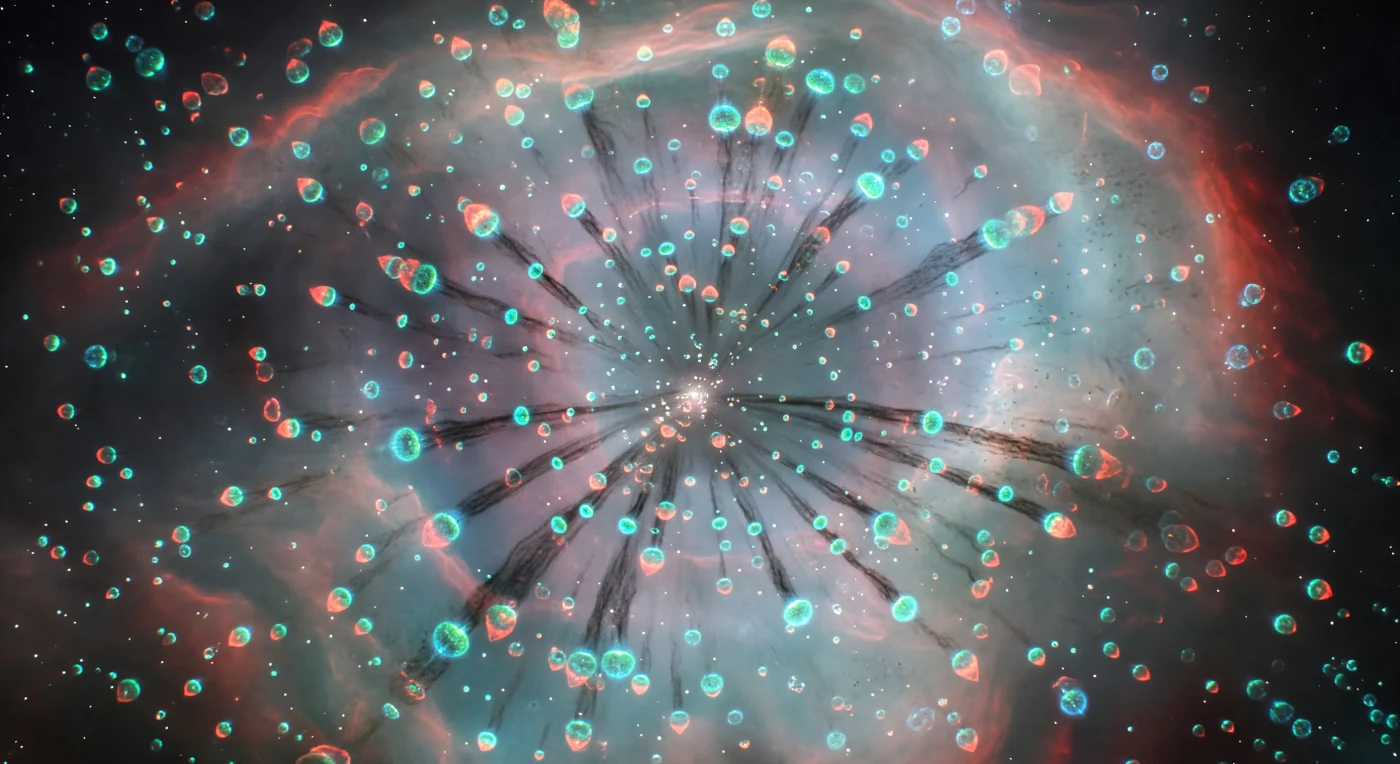 Suspended within the vast shell of the Helix Nebula, the viewer is surrounded on all sides by thousands of cometary knots — dense molecular condensations each roughly the diameter of our entire solar system, their sunward faces blazing in vivid blue-green as the distant white dwarf's ultraviolet radiation strips electrons from oxygen and hydrogen at each knot's ionization boundary. Behind every glowing head, a long dark tail of cold molecular gas extends radially inward, shielded from the ionizing flux and appearing as deep charcoal filaments against the luminous surrounding medium, so that the whole interior resembles a vast bioluminescent membrane — ten thousand comet-shadows all pointing toward the same invisible radiative source. Between the knots, the inter-knot gas is not empty but faintly luminous, threaded with diffuse hydrogen-alpha pink like a recombining mist, giving the space the three-dimensional depth of standing inside an illuminated biological tissue, individual glowing cells resolved at every distance before dissolving into the soft continuous glow of the shell's far wall. The limb-brightened ring of the nebula itself arches above and below as an immense torus, its innermost surface incandescent with ionized helium and oxygen, its outer skin dimming through red and deep crimson where the UV field weakens and neutral hydrogen reasserts itself — the whole structure the evolved remnant of a dying star's final exhalation, dispersing across space over tens of thousands of years.