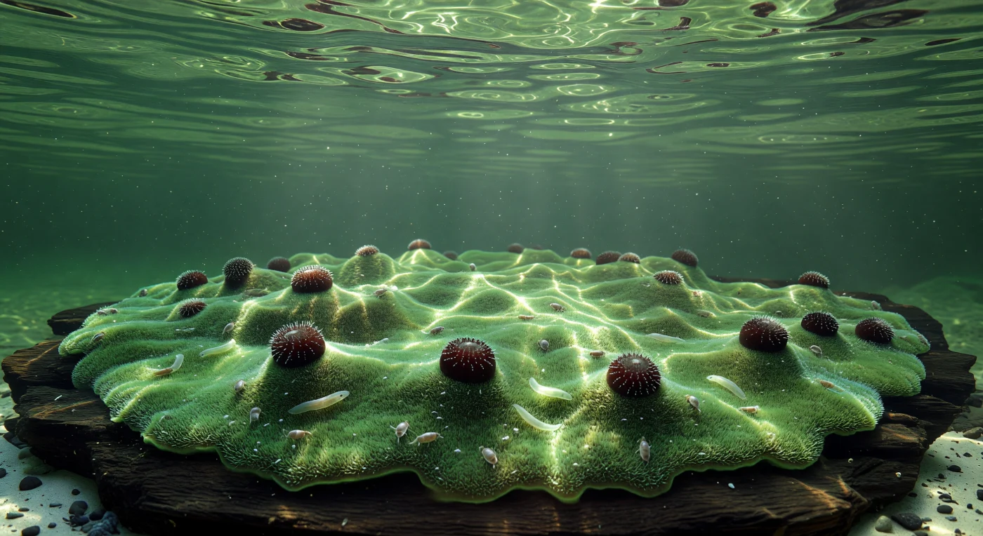 You hover centimeters above the dark, waterlogged timber, your entire field of view consumed by a vivid grass-green crust spreading across the wood's shadowed underside — Spongilla lacustris, a freshwater sponge whose color comes not from its own cells but from the dense populations of symbiotic green algae packed into its living tissue, converting every shaft of dappled stream light into photosynthetic energy that suffuses the surface with an almost interior glow. The texture is deceptive: what reads as soft velvet is in fact a living matrix of cells and silica, the sponge's skeletal spicules protruding as fine glass needles across every millimeter of surface, each silica tip catching light like a frost crystal and scattering it into a soft halo of microglints that gives the whole crust a faint luminous bristling. Embedded within this green tissue, dark mahogany spheres press upward like buried cobblestones — the gemmules, each roughly half a millimeter across and armored in their own radial spicule architecture, ancient survival capsules capable of lying dormant through winter and drought while the living tissue around them actively pumps thousands of times its own volume of stream water each day, filtering bacteria and dissolved organics through choanocyte chambers that have operated on this same fundamental plan for over six hundred million years. Tiny ostracods roll across the surface like seed pearls through velvet, pale flatworms glide in translucent arcs, and above everything the stream water rises as a cathedral of cool green clarity, its surface a shifting silver ceiling that sweeps alternating light and shadow across the sponge in slow waves, the entire scene a reminder that this unassuming green crust on dead wood represents one of the oldest surviving animal body plans on Earth.