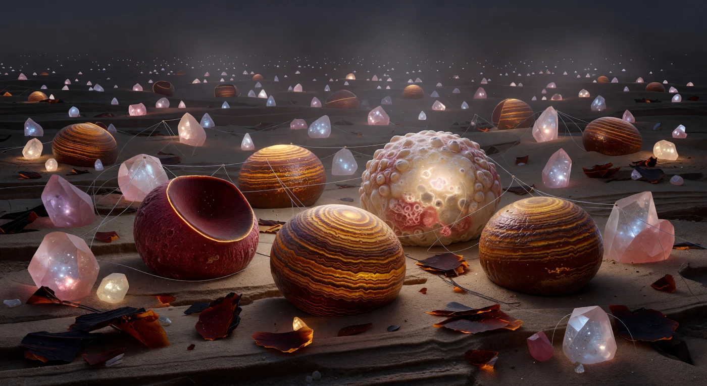 Stretching before you like a dim desert plateau, the sandy soil cross-section opens into a vast mineral plain where three Glomus spores dominate the foreground like lacquered boulders—their concentric amber and honey-brown laminae catching diffuse overhead light with a rich, ceramics-like chiaroscuro, each wall layer a distinct chapter in a months-long developmental archive of fungal lipid reserves. Nearby, a cream-rose Gigaspora spore rises with barnacle-textured ornamentation and a faint inner luminescence, while a wine-red Scutellospora displays its rigid crescent germination shield, that curved maroon plate evolved specifically to orient the emerging germ tube through the soil column. Between them, quartz grains and rose feldspar crystals tower as translucent, caustic-refracting cliffs, and dark amber flakes of decomposed organic matter pave the sandy floor like slabs of petrified resin—the phosphorus, nitrogen, and carbon locked within them precisely the currency these spores exist to mobilize. Spanning the open gaps in shallow catenary curves, gossamer silver hyphae catch the diffuse light only as near-invisible bright lines, yet these ghost-smooth filaments are the operational core of the entire system: their walls selectively shuttle phosphate ions toward root surfaces while carbon flows the other direction, an exchange ancient enough to have enabled the first land plants to colonize bare mineral substrate some 450 million years ago. The scene reads as geological stillness, but each spore is a compressed biochemical potential waiting for the precise rhizosphere signal—root exudate chemistry, moisture, temperature—that will trigger germination and extend this delicate, nearly invisible architecture outward through the permanent dark.