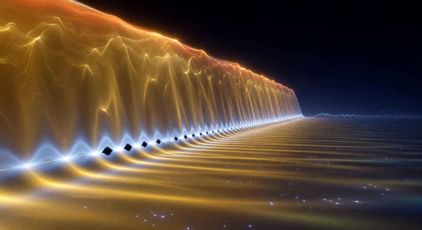 An immense orange-gold wall of Coulomb potential rises ahead, not as rock but as a living gradient of repulsive field energy, translucent and glowing from within like heated amber. Its interior is threaded with slow pulses of brighter gold, while the ground around it falls away into a dark, glassy vacuum plain that catches stray flashes from zero-point fluctuations. Behind you, a coherent alpha-particle wave arrives as a blue-white ripple and splits: part of it reflects into crisp standing-wave bands, and part becomes a faint exponentially decaying ghost that slips into the barrier’s thickness. Far beyond the far face, that attenuated shimmer reappears as a pale propagating wave, an eerie proof that the barrier was not crossed by force so much as by probability.