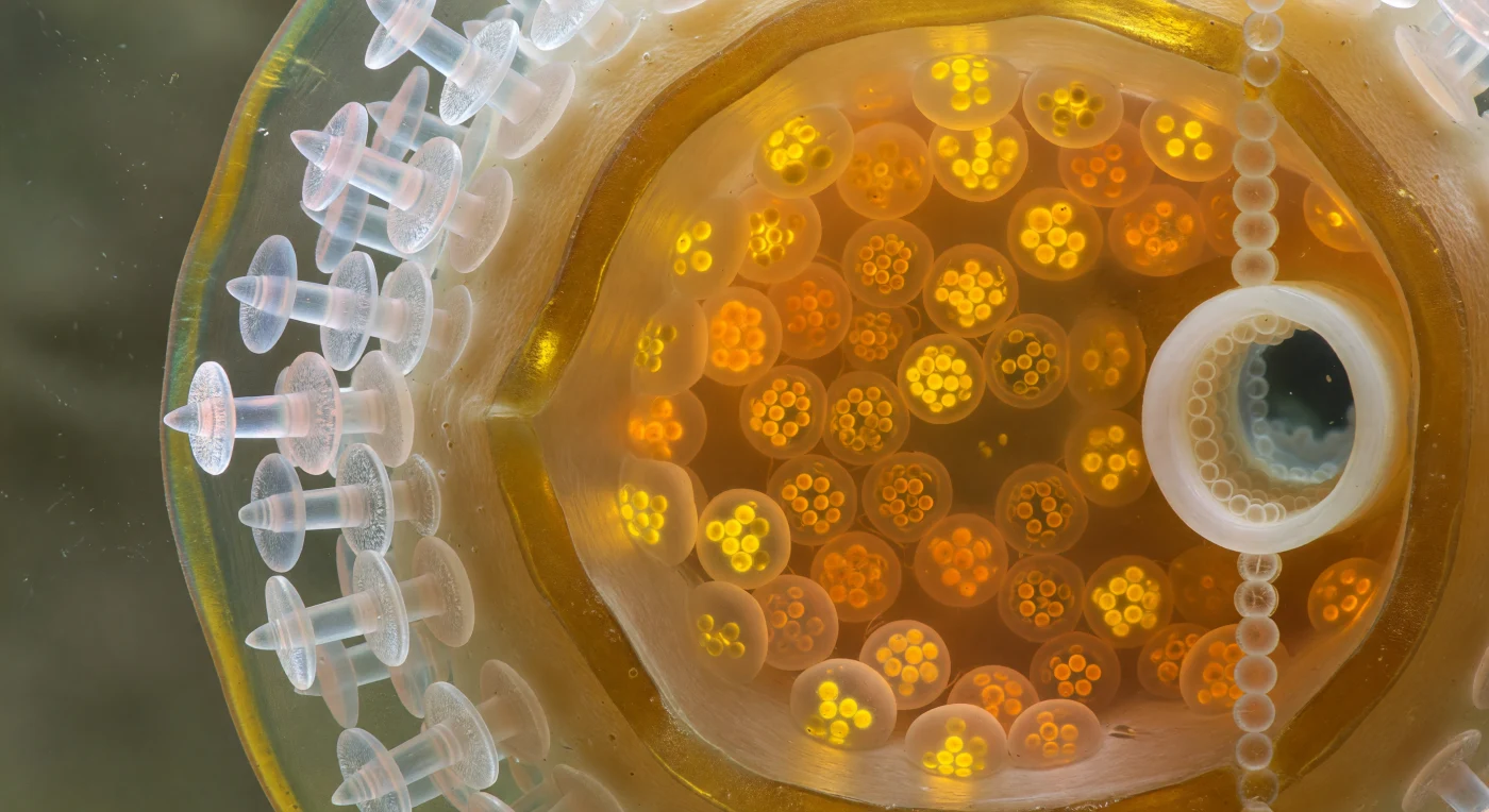 You are suspended just inside the bisected wall of a freshwater sponge's survival capsule, looking inward across a space that reads, at your scale, like the nave of a cathedral cleaved open by a geological fault. The wall to your left is a laminate fortress in three distinct zones: an outermost membrane of taut, faintly iridescent amber; behind it a palisade of amphidisc spicules standing in pale cream spongin cement, each one a dumbbell of crystalline biogenic silica whose flared rotular disc-ends interlock like ornate frosted-glass rondels, casting prismatic glints of icy white and ghost-blue as transmitted light refracts through their shafts; and finally a smooth, honey-gold inner spongin layer that curves inward to open onto the interior. Beyond that boundary, the cavity glows with saturated amber and saffron warmth — archaeocytes packed shoulder-to-shoulder, each cell a swollen globe gorged with lipid-droplet reserves that make them shine like oil-filled lanterns, the entire mass held in chemical suspended animation against winter. To the far right, a micropyle pore tube breaches the armor in cross-section, its cylindrical passage currently stoppered by a tight column of pale cells pressed membrane-to-membrane, the circular opening at its far end gazing outward into murky, cold olive-grey sediment water — the contrast between that cold exterior and the incandescent interior giving the whole scene the visual weight of a geode cracked open in deep winter, every surface radiating pressure, density, and latent biological potential.