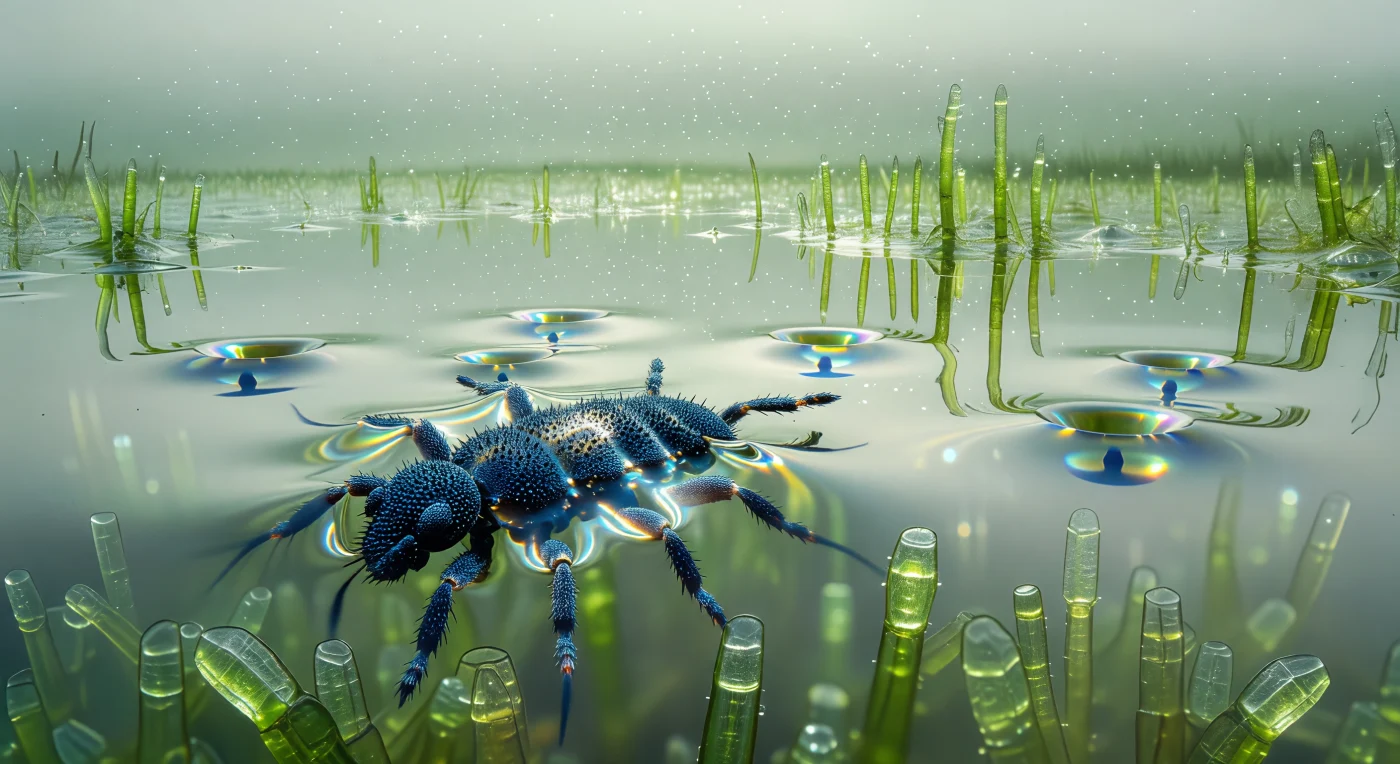 You are suspended at the level of the water's skin, eye-point a whisper above the mirror, looking across a flooded Sphagnum plain toward a creature that, from here, has the presence and mass of a dark boulder — *Podura aquatica*, a springtail barely a millimeter long, rendered enormous and geological by the intimacy of the vantage. Its cuticle resolves into a dense mosaic of granular micro-pillars, hammered obsidian catching diffuse green-white light, while around every contour of that body trembles the plastron: a continuous trapped-air film that reads as liquid silver and pale mercury, a physical consequence of the cuticle's hydrophobic nano-architecture preventing the water from collapsing inward and drowning the animal it sheathes. The water surface between you and the animal is not passive backdrop but a tensioned architectural membrane — an elastic film held taut by hydrogen-bond cohesion at roughly 72 millinewtons per meter — each of the six leg-contact points dimpling it into a smooth concave crater whose sloped walls refract diffuse daylight into faint prismatic rings, the shadow of each crater stretching long and blue across the silver-green mirror below like craters on a still lake seen from low orbit. Beneath that membrane, submerged Sphagnum hyaline cells — large, dead, water-storing chambers that give the moss its unmatched hydraulic capacity — glow jade and chartreuse like stained-glass lanterns set into a flooded cathedral floor, their reflection rising perfectly into the air above so that stem and mirror-image merge at the interface in seamless bilateral symmetry. Everything is frozen in the razor-still instant before the furcula fires, before the plastron shatters, before the mirror breaks.