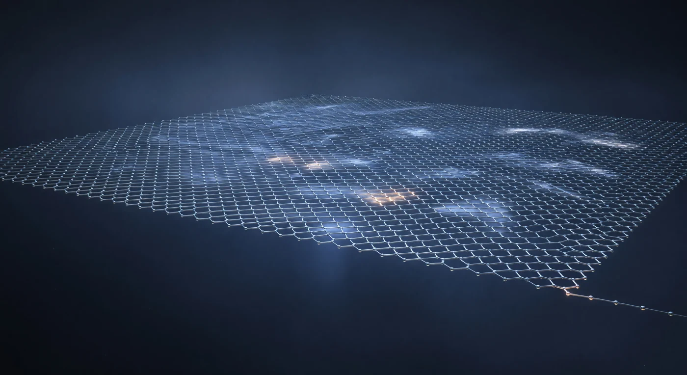 You stand at the absolute edge of a world one atom thick — the graphene sheet extending before you as a razor-dark discontinuity against vacuum, its boundary not quite a surface in any classical sense but a crystallized mathematical plane where carbon atoms line up like sentinels along a frontier that has no depth whatsoever, their dangling bonds glowing faintly amber where the hexagonal lattice terminates and electron clouds dissolve into emptiness. Wheeling upward to look down across the top-down expanse, the entire visible universe becomes a silver-blue hexagonal chainmail of sp²-hybridized carbon rings, each 1.42 Å carbon-carbon bond a node of elevated electron density within a continuous delocalized π-electron cloud that lends the whole infinite surface a cold metallic iridescence reminiscent of polished platinum — this is not a thin coating of metal but something stranger, a purely two-dimensional conductor where electrons flow through conjugated orbitals spread simultaneously above and below a plane of zero measurable thickness. Long-wavelength flexural phonons — quantized rippling vibrations with wavelengths stretching from tens to hundreds of nanometers — roll across the flatland in slow frozen swells, bowing the otherwise mathematically perfect lattice into gentle topographic undulations that distort the hexagonal symmetry at their crests like a geometric tide. Then, mid-distance, the perfection ruptures: a Stone-Wales defect, born from a single 90° bond rotation during formation, fuses one pentagon to one heptagon and traps localized electronic states that glow a distinct warm orange against the surrounding cold blue — a topological scar, an ember pressed into frost, radiating its energy signature outward through a dozen lattice rings before the crystalline order reasserts itself and the silver-blue chainmail resumes its silent, flawless extension toward every horizon.