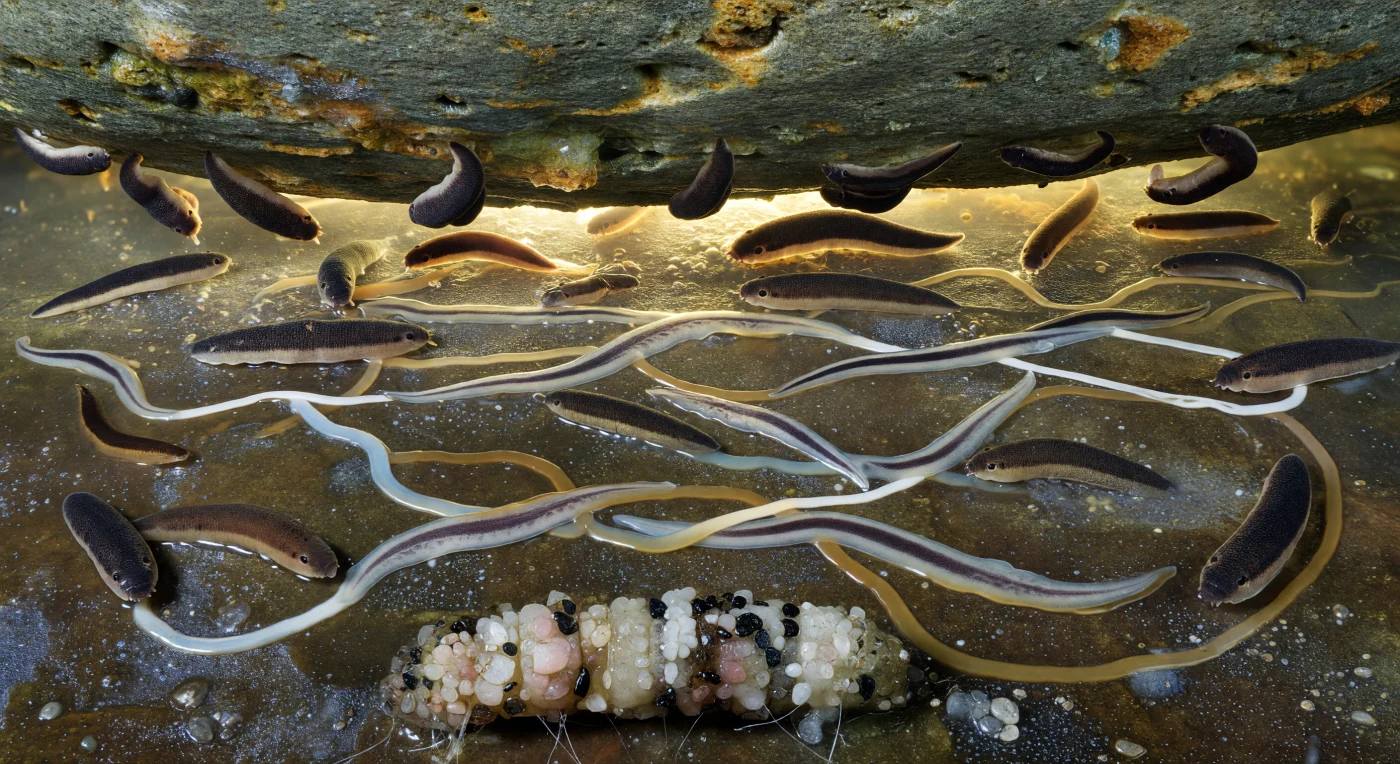 The underside of a lifted river cobble has become a sudden stage: twenty flatworm bodies ranging from a few millimeters to roughly two centimeters lie distributed across a biofilm plain of diatoms and bacterial mat, their dorsally dark forms now catching intrusive afternoon sunlight that pours in from the exposed stone margin as a violent gradient of white-gold fading into deep olive shadow. These are free-living turbellarian planarians — soft-bodied, bilaterally symmetrical animals navigating the world through ciliary gliding across mucus secretions, guided by primitive ocelli that register light intensity rather than images, and already the phototactic response is visible: animals at the illuminated margins are contracting and reversing within seconds, longitudinal muscles bunching the tissue into visible waves, while those deeper in shadow continue to extend forward in tapered ribbons, their translucent posterior margins faintly ghosting the branching gut diverticula beneath. The mucus trail network left by their nocturnal movements covers the biofilm floor in overlapping arcs of iridescent secretion — fresh trails raised slightly above the substrate surface and catching lateral light as bright silver ribbons, older trails already colonized by bacteria and matte with amber tone — a chemical and structural record of hours of movement suddenly made visible. At the lower frame, a caddisfly larval case rises as a rough cylinder of sand grains cemented in silk, each quartzite and feldspar grain glinting with its own mineral facet, a structure orders of magnitude more massive than the flatworms beside it, the entire scene suspended in that first, violent instant of a nocturnal world's exposure to daylight.