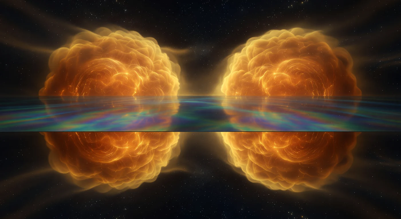 Directly before you, an obsidian plane bisects the universe with impossible authority — not built, not placed, but *enforced* by the antisymmetry requirement that governs all fermionic matter: two electrons sharing identical spin quantum numbers cannot occupy the same quantum state, and the geometry of this prohibition crystallizes here as a mirror-wall of absolute zero probability, its face cycling through peacock blues and bruised violets in cold iridescent waves, returning the warm amber light of each approaching electron cloud as something slightly diminished, slightly colder, as though the reflection has been taxed. From both horizons, vast honeyed formations breathe and pulse — their interiors shot through with threads of molten copper and burnt sienna, their outer edges dissolving into saffron probability fog — these are not particles in any classical sense but smeared excitations of the electron quantum field, each one a standing wave of amplitude whose density peaks at its luminous core and feathers outward into near-nothingness. The Pauli exclusion principle that erected this wall operates at the femtometer scale and below, where the quantum vacuum itself is not empty but alive with virtual pair fluctuations twinkling at attosecond intervals throughout the surrounding darkness, giving the void a phosphorescent inhabited depth. Both amber masses have already responded to the forbidden boundary by bunching and spreading laterally at their outer flanks, their inner faces retreating, leaving a ghostly penumbra of near-zero probability between themselves and the surface they cannot touch, cannot breach, cannot even approach without the antisymmetry condition evacuating all probability from the intervening space with surgical completeness. The scene holds in one breathless frozen instant — two luminous worlds permanently barred from convergence by the most fundamental geometric constraint written into the fabric of matter itself, a law that has no mechanism, no enforcement agent, no physicality beyond the cold mathematical fact that identical-spin fermions simply do not share territory.
