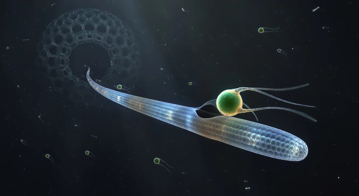 You are suspended at the threshold of a predatory act frozen in time — a crystalline axopodium extends across your entire field of view like a translucent architectural beam, its interior honeycomb of parallel microtubule bundles catching diffracted light and casting cold prismatic halos along its length, while at the point of contact a vivid emerald sphere barely three microns across blazes against the charcoal deep like a small incandescent planet, its two flagella halted mid-beat in arcs of pure filament-light. This is a radiolarian axopodium in the first instant of prey capture: the stiff pseudopodium is braced internally by a crystalline axoneme of bundled microtubules running in precise geometric arrays, and where the flagellate — a Micromonas, one of the ocean's smallest photosynthesizers — has made contact, the glassy axopodial membrane has dimpled inward and begun extruding a dark crescent of new membrane that curls around the green sphere like the opening degree of a slow eclipse. The cytoplasm at the contact zone has shifted from cool glass-blue to a warm turbid amber, betraying the biochemical cascade already triggered: adhesive surface molecules have fired, the engulfment machinery is committed, and the flagellate's fate is decided even as its chloroplast burns at full autofluorescent intensity. Deeper along the axopodium, toward the vaulted silica cathedral of the central capsule barely resolved in the background darkness, earlier vacuolated prey drift inward like dimming lanterns, their pigments faded to rust — evidence that this moment of luminous contact is merely the latest event in a continuous, patient harvest conducted entirely below the threshold of unaided vision, in the sunlit upper ocean.