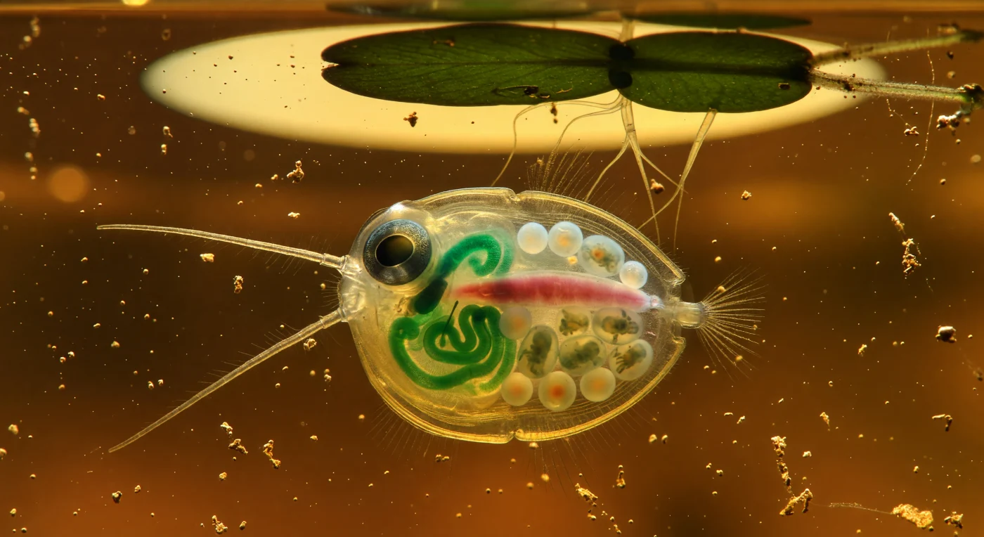 Suspended at eye level with a *Daphnia magna*, the viewer peers through a column of tannin-saturated freshwater that functions less like a medium than like a substance — warm amber light diffusing through dissolved humic acids to turn the entire water column into slow-moving honey, threaded with drifting flecks of bronze detritus and crowned above by Snell's window, where a duckweed frond cuts a dark continental silhouette across the compressed oval of the sky. At the center of this golden world floats the *Daphnia* herself, her bivalved carapace — two hinged panels of thin chitin no more than two millimeters across — so translucent in the amber light that the interior reads like a lit museum specimen: a single large compound eye rotating with neurological intent in its socket, a dorsal heart visibly mid-systole as a deep-rose muscle stripe, and a gut coiling in luminous emerald-green loops fed by chlorophyll-dense algae. Behind the gut, a brood chamber cradles a dozen embryos at staggered developmental stages, from smooth opalescent spheres to older forms already pressing shadowed limb buds against the inner wall like hands against frosted glass — an entire generation carried within the body of an animal smaller than a pencil mark. *Daphnia* are keystone grazers in freshwater ecosystems, filtering phytoplankton through comb-like setae and cycling nutrients at rates that can clear a shallow pond's algal bloom within days, their heartbeats — between 60 and 200 beats per minute, visible through that glassy carapace — keeping pace with a metabolic intensity entirely invisible to the unaided eye.