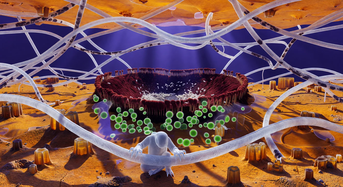 The ground beneath you is not ground — it is a living plateau of compressed fungal and algal tissue, stretching orange and amber in every direction like a sun-scorched badlands, its surface rising into polygonal ridges of packed cortical cells that cast long shadows under alpine ultraviolet arriving with almost physical weight. You cling to a hyphal strand as thick as a ship's rope, its translucent walls revealing slow drifts of cytoplasmic granules moving in the dim interior like silt suspended in still water, the elastic surface yielding fractionally under each curved claw before springing back. This is the living architecture of a Xanthoria parietina thallus — a composite organism in which fungal hyphae provide structural scaffolding and water retention while Trebouxia algal cells, clustered ahead like clusters of luminous green lanterns ten to fifteen micrometres across, drive photosynthesis deep within the cortex, their chloroplasts saturated with harvested light. The thin liquid film coating every surface here obeys surface tension more than gravity, drawing curved meniscus walls between adjacent hyphae that act as natural lenses, bending and amplifying the amber world behind them, while a tardigrade — an animal of perhaps three hundred micrometres, gripping with hooked claws and moving with the slow deliberateness of something for whom viscous drag outweighs inertia — navigates this architecture as a sailor moves through rigging. In the middle distance, the apothecium opens like a caldera, its rust-red walls dense with paraphyses and its interior choked with ivory ascospores tumbling in thermal microcurrents, the entire reproductive apparatus of the fungus exposed and operating at a scale where dust is architecture and stillness is never absolute.