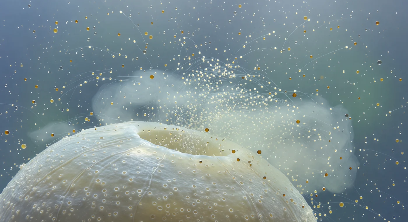 You are suspended in open water at the scale of a bacterium, and the world before you is dominated by the enormous pale facade of a single-celled organism larger than most human intuitions allow — the calcite test of *Globigerinoides sacculifer*, its creamy hyaline walls rising like a crater-pocked lunar cliff, every circular spine-scar a rimmed pit where a silica spine once anchored, the sutures between chambers curving away into blue haze like mountain ridges disappearing over a horizon. From the dark oval of the aperture — an opening that reads at this scale as a volcanic vent or cave mouth — erupts a continuous torrent of biflagellate gametes, each pale 4 µm sphere trailing two frantically beating flagella, pouring outward in their thousands and collectively forming an expanding milky-white cloud that turbidifies the surrounding water column into something pearlescent and opaque, a fog bank of biological material emanating from a single reproductive event. Interspersed through this pale cascade drift the released zooxanthellae, each a golden-brown sphere roughly twice the gametes' size, their photosynthetic pigments concentrating the diffuse blue-green ambient light into warm amber tones that contrast sharply with the cold milky fog around them. Between these drifting spheres, translucent lipid droplets catch stray light as brief iridescent glints, pale oil beads tumbling slowly past in the diffuse radiance. What you witness is gametogenesis — the terminal reproductive act of a planktonic protist dismantling itself entirely, shedding its symbionts, dissolving its cytoplasm into thousands of independent swimmers, and releasing them into an ocean three orders of magnitude larger than the organism that made them.