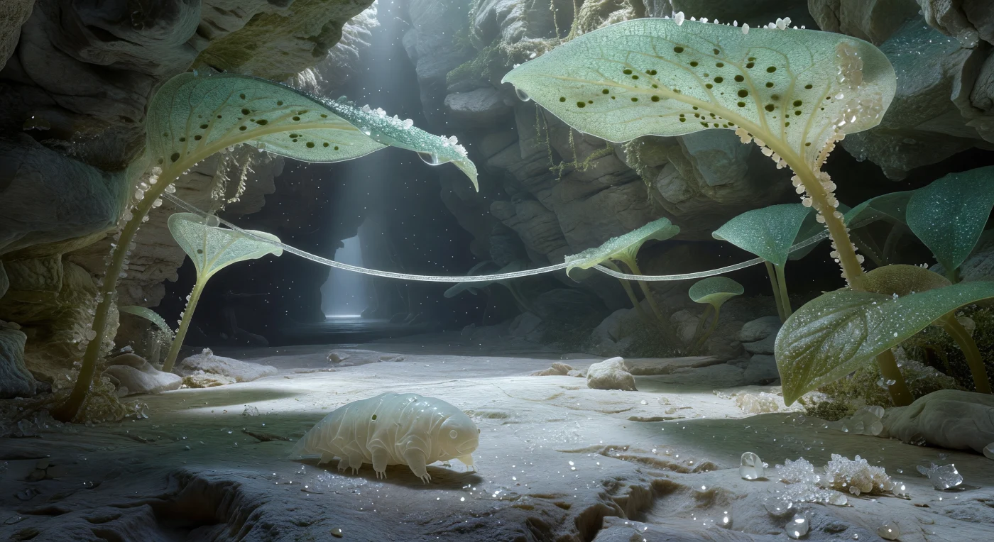 A cold directional beam falls from somewhere impossibly far away — a cave entrance reduced to a pale bluish smear on the horizon — barely grazing the translucent celadon canopies of cave moss leaves overhead, their chloroplast-sparse cells transmitting more light than they hold, each marginal edge glowing like frosted glass. Calcium carbonate crystallites encrusting the moss stems flash brief hard white sparks where a single facet catches the beam at the right angle, then vanish back into grey stillness, while a thin tensioned water film coats every surface — limestone grain, leaf junction, hypha — unifying the entire subterranean landscape beneath curved slivers of specular light. The limestone floor extends outward like a weathered plateau, each calcite grain reading as a cliff face of striated buff and grey with shadow pools beneath every overhang where no light reaches at all, fungal hyphae crossing the middle distance as faintly luminous rope bridges, their walls thin enough to show granular internal structure suspended in the stillness. Emerging from deep shadow into the faint edge of the beam, a pale tardigrade resolves from the darkness, its cuticle reduced to near-translucency by cave life — vestigial eye-spots barely distinguishable from surrounding tissue — the faint shadows of midgut and body-wall musculature bleeding through the integument as the animal moves by touch alone, anterior low, curved claws finding purchase on calcite microcrystals, its glistening surface indistinguishable in texture and reflectivity from the wet crystalline world it reads through direct contact.