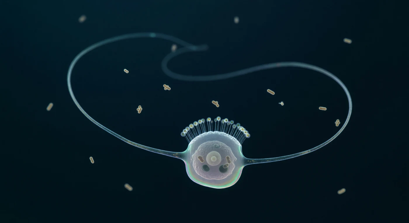 You are suspended inside a medium that behaves less like water than like a cold, faintly resistant gel — at this scale, viscosity overwhelms inertia so completely that the sinusoidal flagellum arcing across your field of view is not slicing through the void so much as sculpting it, driving a slow toroidal current that draws dissolved organics and drifting bacteria gently inward through the near-invisible cylinder of microvilli surrounding its base. This single choanoflagellate cell — its nearly colorless body no wider than a large bacterium is long — represents one of the closest living relatives to the animal ancestor, a unicellular organism whose collar-and-flagellum architecture is mirrored almost exactly in the choanocytes lining the filtration chambers of every sponge alive today, a molecular continuity preserved across perhaps six hundred million years of evolution. The collar itself, a ring of thirty-odd actin-filled microvilli thinner than a wavelength of visible light, functions as a sieve mesh, intercepting bacteria carried on the flagellum's helical wake and passing them into food vacuoles where digestion is already underway — the two dark inclusions visible inside the cytoplasm each still containing the compressed ghost of a rod bacterium mid-dissolution. Around you in the middle distance, a dozen more bacteria drift and tremble in pure Brownian agitation, neither rising nor falling, suspended in a thermal noise field that at this scale is the dominant physical reality, the closest thing this world has to weather.
