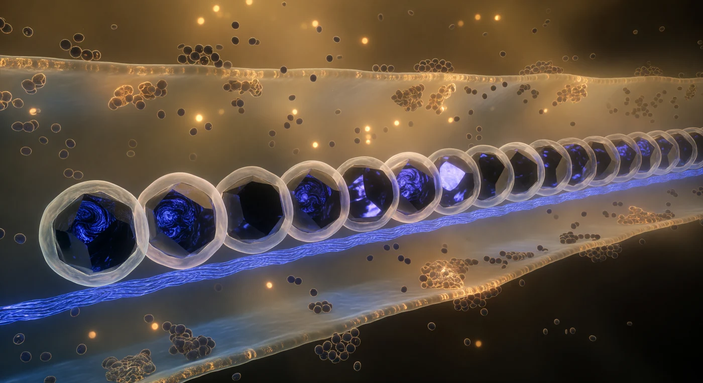 Before you stretches a chain of fifteen magnetite crystals arranged with an almost architectural exactness that seems impossible for something assembled by a living cell, each black faceted body rising roughly four times your own height and throwing blue-violet metallic gleams across the amber haze of the crowded cytoplasm. These are magnetosomes — organelles unique to magnetotactic bacteria like *Magnetospirillum* — in which the cell biomineralizes iron oxide into crystallographically precise cuboctahedral magnetite (Fe₃O₄), each crystal enclosed within a dedicated lipid membrane vesicle whose bilayer surface trembles visibly with thermal undulation, lending every dark mineral body a faint pearl-white halo. The entire array is anchored to a MamK filament running beneath the chain like a taut cobalt-blue rail, a prokaryotic actin homolog whose polymerization actively positions and spaces each crystal so that their magnetic moments sum into a single cellular compass needle aligned with geomagnetic field lines. Around you, the cytoplasm is no transparent solution but a dense, semi-opaque amber gel — ribosomes packed at concentrations approaching three hundred milligrams of protein per milliliter — through which Brownian motion continuously jostles the nearest granules in slow, stuttering drifts that remind you gravity has no authority here, only thermal noise and viscous drag. The inner membrane curves away at the periphery like the wall of a vast humid cavern, its surface studded with respiratory complexes catching the diffuse bioluminescent glow of the interior, before the world thins into the cooler blue-gray corridor of the periplasm and then absolute darkness beyond the cell wall.