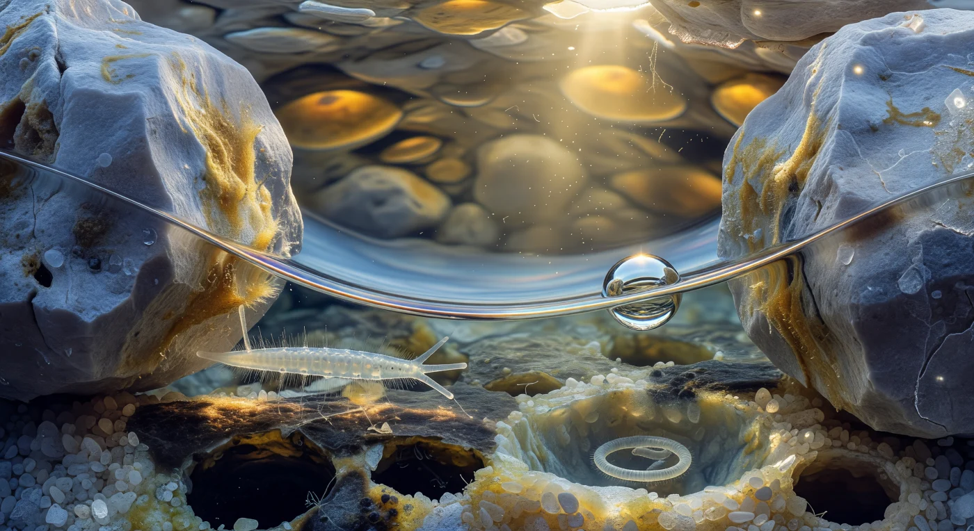 At the precise instant captured here, you are hovering at the eye level of a large gastrotrich inside a partially drained intertidal pore, the grain walls rising around you like bleached limestone cliffs whose surfaces carry amber-gold biofilm veneers and crystalline facets that catch a brutal column of sunlight pouring down through the pore opening above. That retreating meniscus — a concave silver-blue vault arching between two quartz boulders — is no mere water surface but a structural force of enormous consequence at this scale, its surface tension capable of dragging, crushing, or displacing any organism caught along its contact line, which glows now with prismatic violet and copper interference colors marking the exact frontier between the remaining aqueous world and the oxidised air beyond. A spherical fifty-micrometre bubble wedged in the pore throat to the right offers a perfect chrome reflection of the entire scene compressed into a polished sphere — meniscus, light column, grain walls all miniaturised — held in place by the same capillary physics that are forcing the gastrotrich pressed against the left grain to work its posterior adhesive tubes frantically against the biofilm surface, countering the retreating water mass pulling at its body. Meanwhile the nematode coiled in its shallow water-filled depression nearby requires no such effort, its smooth cylindrical body refracting the ambient blue-amber glow in calm contrast, illustrating the radically different survival strategies these two phyla deploy inside an architecture where gravity is irrelevant and surface tension governs everything.