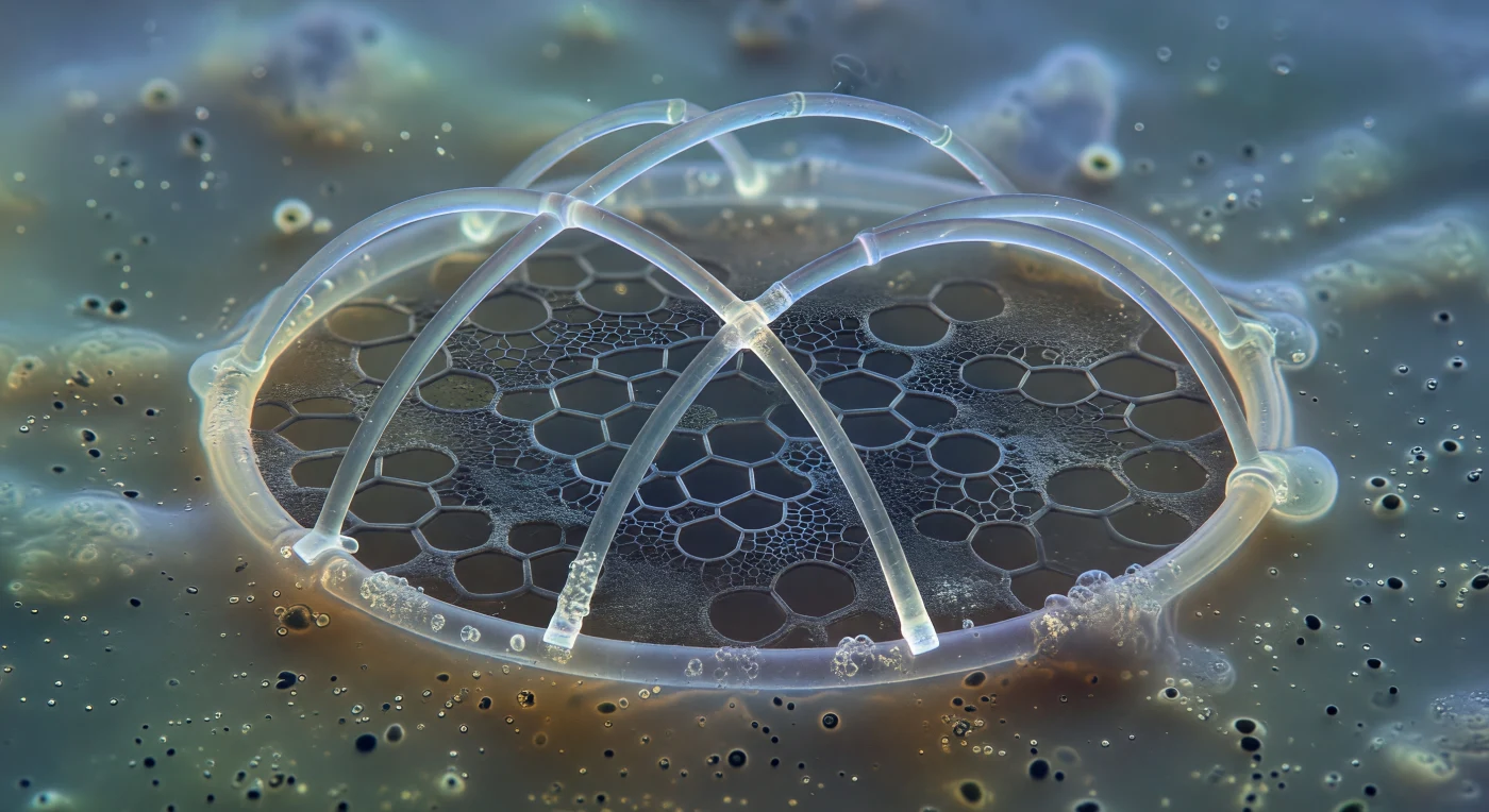 You drift within a medium so thick with biological density that motion itself seems suspended, watching the earliest moments of a skeleton being born. Before you, the nascent sagittal ring of a *Pterocorys* rises in luminous glass arcs — silica no thicker than a few microns already hard and transparent, edged with cold iridescent halos where phase contrast plays along its curves, two primary bars crossing its interior like the first ribs of a cathedral only just begun. Beneath the mineral, barely perceptible against the granular amber-brown cytoplasm, a matte gray meshwork of glycoprotein fibers spreads in uncanny geometric patience — the organic template that precedes and directs silicification, its hexagonal pore outlines already inscribed in soft matter, empty and waiting for the mineral that will follow. This pre-skeletal scaffolding is secreted within silica deposition vesicles, intracellular membrane-bound compartments where seawater-derived silicic acid polymerizes into amorphous opal under precise biochemical control, the growing test never touching open cytoplasm directly. The ring reads as an immense architectural member from this vantage — its curvature implying vast enclosed space — and the silica gleaming with the patient permanence of a structure that, once complete, will outlast the cell that built it by half a billion years.