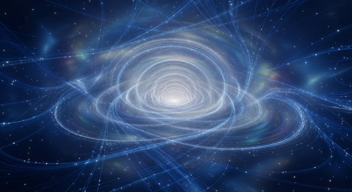 From a distance of one picometer — just below the Compton wavelength where quantum field theory fully supplants classical electrodynamics — the observer does not encounter an object so much as a phenomenon: a radial convergence of electromagnetic field lines pressing inward from every direction simultaneously, their density and curvature increasing without pause toward a center that refuses to resolve into any definable surface. These luminous cords, rendered visible here by sheer energy density rather than any conventional illumination, transition from sparse indigo filaments at the periphery through braided cerulean curtains at mid-range into a searing white-gold incandescence at the convergence point, tracing the Coulomb field of a particle whose experimental charge radius is bounded below 10⁻²² meters — effectively a mathematical point radiating an influence that warps the geometry of everything around it. Drifting through the inner zone, a faint opalescent shimmer marks the vacuum polarization plasma, where the field intensity is sufficient to briefly promote virtual electron-positron pairs out of the quantum vacuum on timescales of roughly 10⁻²¹ seconds, their collective presence softening the singularity into something almost atmospheric, a pearlescent aureole of interference color suspended in what classical physics would call empty space. There is no horizon, no ground, no sky — only a spherical storm of converging field geometry, the observer suspended at its center, surrounded by a medium that is simultaneously the hardest and softest thing conceivable: sharp fiber-optic filaments of quantized field intensity embedded in a volumetric haze of vacuum fluctuation, the whole scene frozen at a moment of absolute dynamic tension that is, in fact, eternal.