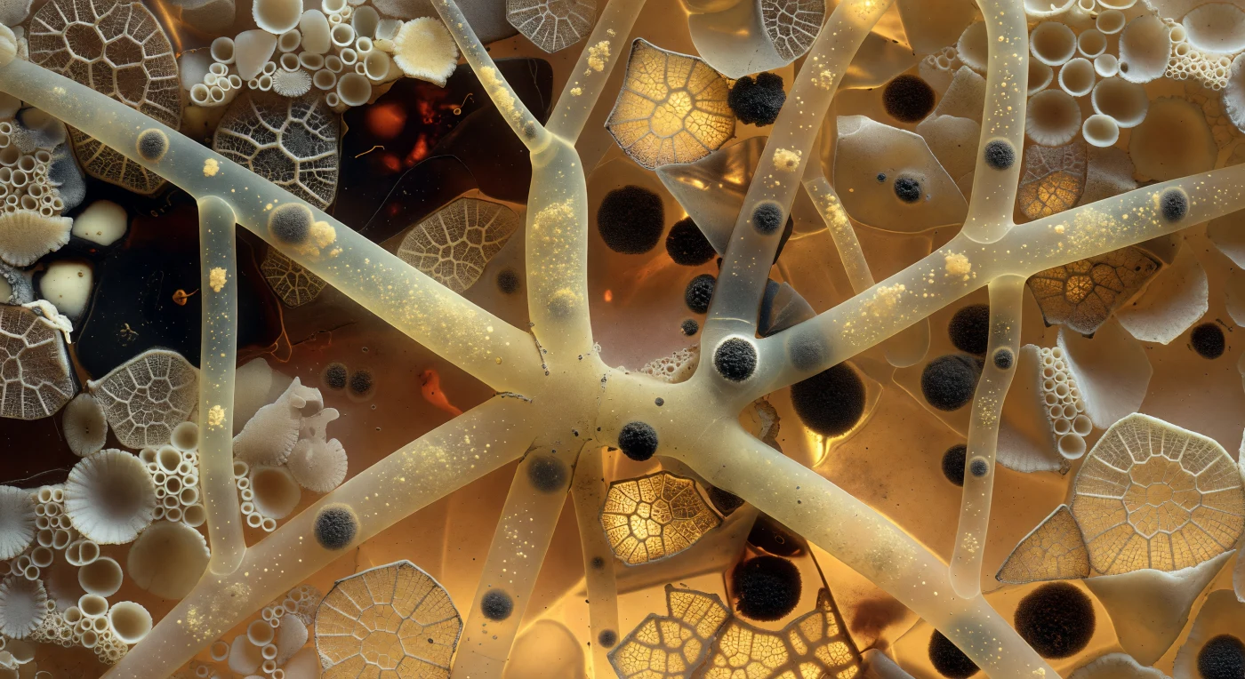 You stand suspended inside the living architecture of a Xenophyophore — one of the ocean's most improbable giants, a single cell that may span tens of centimetres, yet contains within it this intricate mineral fortress of its own construction. Around you, the test wall is a densely packed mosaic of scavenged debris: foraminifera shells pressed together like pale ivory flagstones, radiolarian lattice fragments glowing where warm amber light filters through their preserved silica geometry, and near-black organic cement binding everything into a structure that reads simultaneously as geology and as living tissue. Threading through this lapidary matrix, the linellae channels — branching tubes forty to eighty microns across at true scale — carry pale golden cytoplasm studded with dense charcoal-grey nuclear bodies, their translucent walls barely distinguishable from the surrounding amber field except where a slightly cooler refractive tone betrays living fluid against mineral mass. This is the paradox at the heart of the Xenophyophora: an organism so vast it incorporates the skeletal remains of countless other protists into its own body wall, yet remains throughout a single uninterrupted cytoplasm, its nuclei drifting through warm mineral corridors in unhurried procession, deep on the abyssal seafloor where no light has ever reached except the backlit amber glow of its own biology.