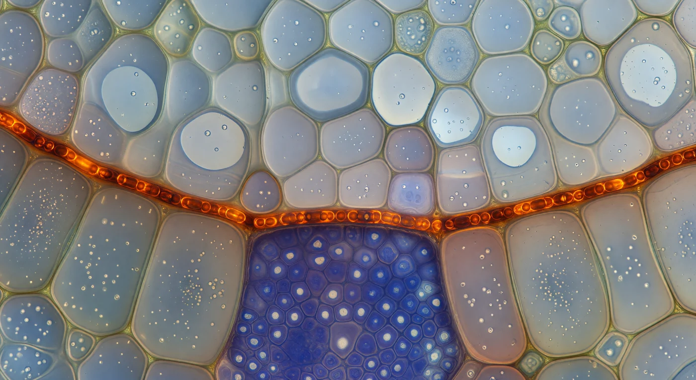 You are suspended at the exact threshold where the living root enforces its most absolute law: nothing passes this border unchecked. Looking along the curve of the endodermal cell file, you see prismatic chambers pressing close on every side, their translucent walls glowing faintly greenish-ivory, and running continuously through each shared radial wall — cell to cell without interruption — a belt of amber-orange fire, the Casparian strip, composed of suberin and lignin deposited with geometric precision into the wall midline, forming an unbroken luminous necklace that encircles the entire vascular cylinder. Behind you the cortex opens into a looser, cooler architecture of pale parenchyma with generous intercellular air spaces, while ahead the stele compresses into a dense indigo and violet mass of procambial cells, their nuclei prominent, the whole structure reading as a jewel of biological intensity — the chromatic contrast between the warm amber seal and the cold blue interior making the functional boundary visible as pure sensation. This strip is not decorative: it forces all water and dissolved ions moving from soil into the vascular system to pass through the plasma membrane of the endodermal cell itself, bypassing the leaky apoplastic route through the cell walls, so that the plant exercises molecular-level selectivity over every ion that enters its circulation — a living checkpoint encoded in the chemistry of a single, precisely positioned band of wall material no more than a few hundred nanometers thick.