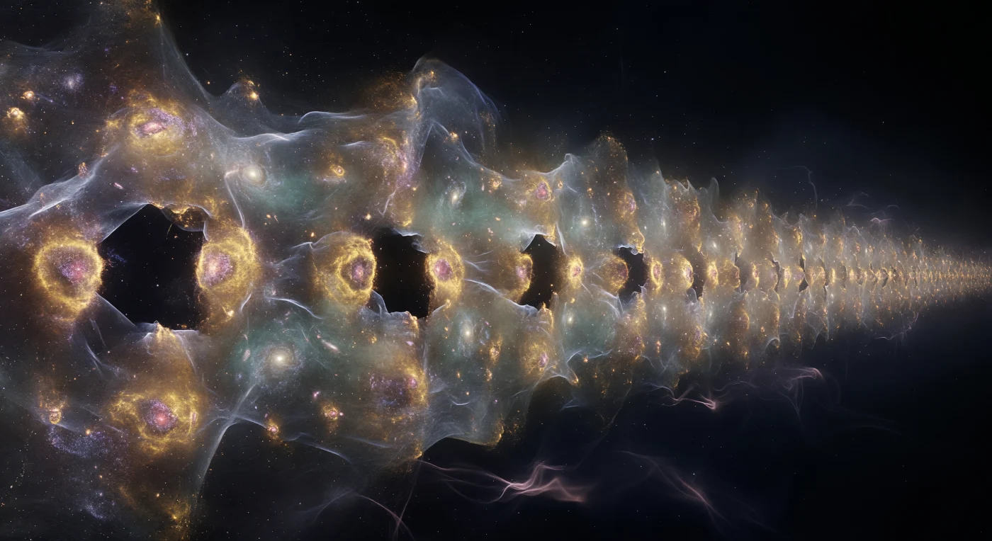 From twenty megaparsecs out, the view forward is consumed entirely by a structure that defies any familiar sense of boundary — a titanic curtain of galactic light stretching laterally without end, rising overhead and plunging below the plane of vision with no perceptible curvature, its surface alive with amber-gold cluster nodes and cooler blue-white sheets of spiral-rich intergalactic material woven between them like iridescent silk. Each warm knot concentrated along the wall's midplane is a galaxy cluster in its own right, hundreds of galaxies compressed into a smoldering elliptical-dominated core surrounded by the keV X-ray glow of fully ionized intracluster plasma at temperatures exceeding tens of millions of kelvin, while the translucent filamentary regions bridging them carry the warm-hot intergalactic medium — that elusive reservoir of partially ionized baryons at 10⁵ to 10⁷ kelvin that accounts for much of the universe's ordinary matter. Punched through the luminous fabric at irregular intervals are abrupt black fenestrations, cosmic voids whose edges are paradoxically outlined by a slight excess of galaxy concentration, as though the wall's own structure is compressed and brightened by the emptiness pressing against it from the other side. The entire scene is self-illuminated, the light not arriving from any single direction but emanating from the wall itself across five hundred megaparsecs of extent, a structure so vast that the light reaching this vantage from its farthest visible regions departed when the universe was nearly two billion years younger than it appears at the nearest nodes.