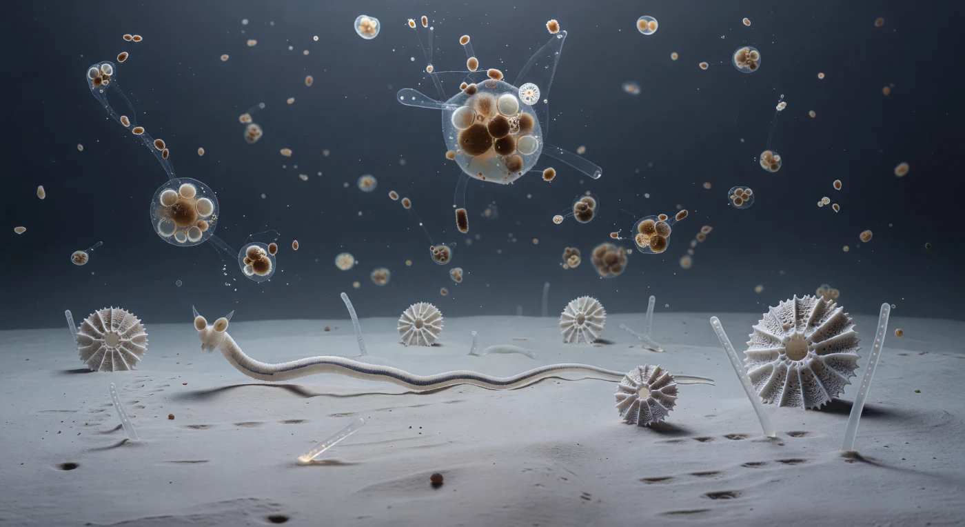 The seafloor here is not a floor in any ordinary sense — it is a nearly textureless plain of ultra-fine deep-sea clay, so cohesive and fine-grained that it behaves as a pseudoplastic surface at this scale, yielding almost imperceptibly under the slow pressure of an elongate body moving across it in long sinusoidal waves, each undulation completing so gradually that the motion registers more as geological deformation than animal locomotion. Foraminifera shells rise from the sediment like isolated cathedrals of calcite, their radial chambers and pore-studded walls the size of substantial architecture relative to the nematode body pressing through the near-bottom water alongside them, while silica sponge spicules lie scattered across the clay as enormous glassy beams, refracting the cold ambient blue into faint prismatic traces along their length. From far above, marine snow aggregates descend with the absolute patience of objects falling through a medium barely less dense than themselves — each one a loosely bound cluster of diatom frustules, compressed fecal material, mucus strands, and mineral dust, trailing transparent threads of mucopolysaccharide as they rotate in slow oscillation through the viscous bottom water, their dissolved organic compounds diffusing outward and downward into the sediment where chemosensory amphid organs, proportionally vast on the nematode's head, sample the gradient with the same unhurried precision that governs everything here. This is life at the tempo of the abyss: a world where two kilometers of ocean overhead compress into a soft brown blizzard of descending particles, where bacterial films coat every mineral surface as invisible cities, and where a nematode's 302 neurons are sufficient to navigate a cold desert of bone-pale clay and fallen silica towers in total, permanent, structural darkness.