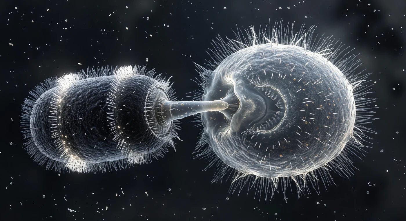 At the moment frozen here, a compact barrel-shaped predator occupies the left of the scene, its dark cylindrical body encircled by two luminous coronets of beating cilia — the Didinium nasutum in full attack posture, its muscular proboscis pressed against the flanking membrane of a Paramecium three times its size. The point of contact has become a crushed, glowing concavity where the Paramecium's pellicle — that semi-rigid alveolar cortex normally holding the cell's football form — is caving inward under a focused mechanical thrust that neither organism can reverse. Across the entire Paramecium surface, thousands of trichocyst filaments have discharged in the same instant, each a protein thread extruded at explosive speed from a cortical capsule, the collective result a radiant corona of spun-glass strands extending deep into the bacterial haze — a last-resort chemical and physical defense now clearly arriving too late, as the proboscis tip has already committed the pellicle to irreversible deformation. Inside the Paramecium's translucent body, food vacuoles at varying stages of digestion glow amber and brown against the hyaline ectoplasm, and the cilia ringing the cell have shattered from their normal metachronal wave into a disordered defensive bristle, the coordinated swimming machinery overwhelmed by a distress signal propagating through the cortex faster than the beat cycle can compensate. The surrounding medium reads as a near-black continuum alive with drifting bacterial rods and cocci at varying focal depths, a reminder that this arena of predation operates entirely within the viscous, inertia-free physics of low Reynolds number flow, where force is transmitted directly and instantly through the aqueous film, and where the compressed geometry of two colliding cells at this scale carries the visual and physical weight of a collision between much larger worlds.
