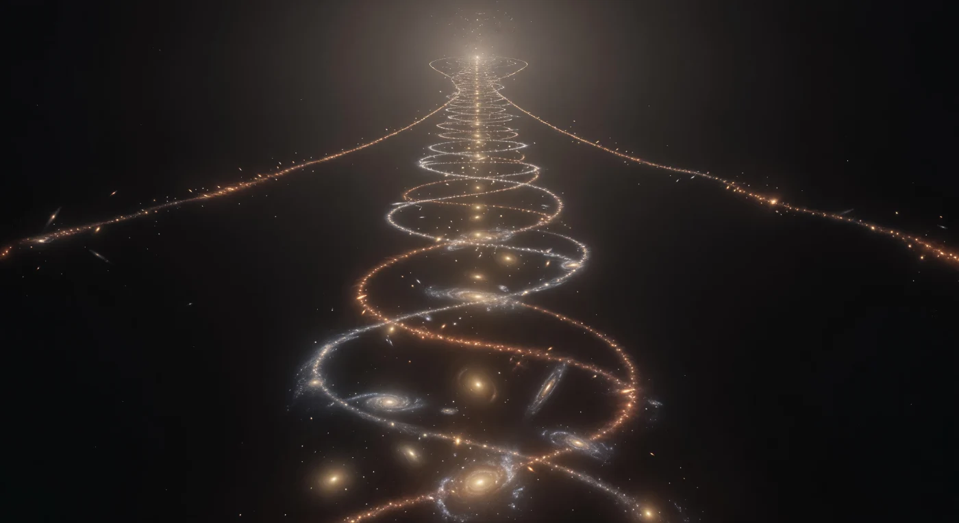 You are suspended within the luminous spine of a structure so vast that its full length would take light hundreds of millions of years to traverse — an intergalactic filament of the cosmic web, one of the universe's great load-bearing threads, woven from dark matter scaffolding and traced by warm plasma too tenuous to be called gas in any earthly sense, yet deep enough across its accumulated tens of millions of light-years to radiate a ghostly amber warmth. Looking along the filament's axis, galaxy chains resolve into sweeping arcs of honeyed ellipticals and cool blue spirals strung like luminous beads, their tidal bridges — pale gold shading to silver, spun across billions of years by gravitational patience — catching light with a translucence no solid material possesses, while the corridor narrows toward a distant supercluster nexus blazing gold-white at the vanishing point of this immense architectural tunnel. On both flanks, orthogonal filaments cross the background as rust-colored ropes dissolving into voids whose darkness is not merely the absence of light but the physical presence of a hundred-million-light-year emptiness, the large-scale structure's counterpoint to every node and thread. Pressing in from the outermost periphery of vision, a barely perceptible ash-white warmth traces the horizon of the knowable — the cosmic microwave background, light from 380,000 years after the Big Bang, redshifted to a temperature of 2.7 Kelvin, giving even absolute void a floor it cannot fall below.