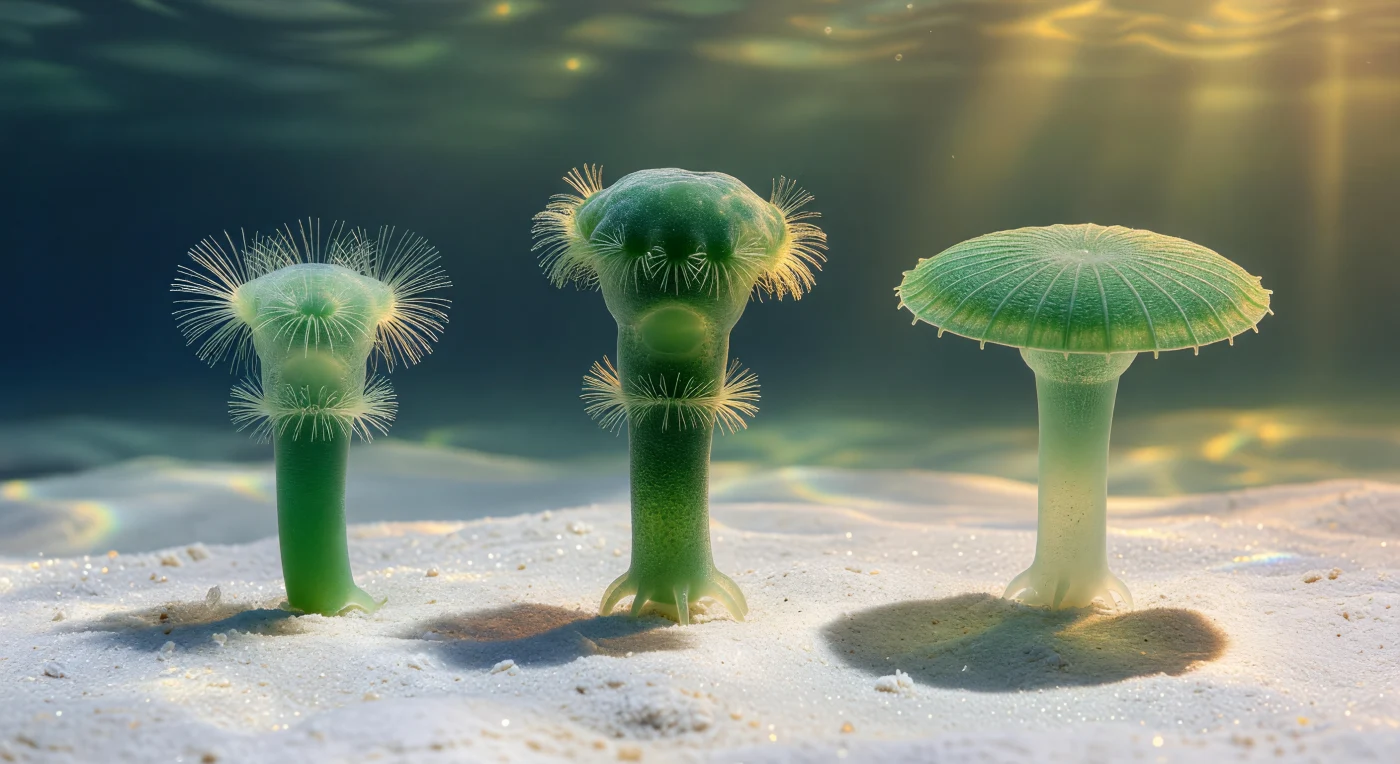 Three individuals of *Acetabularia* rise from the bleached aragonite floor like architectural monuments — a juvenile trailing feathery hair whorls of radiating cytoplasm, an adolescent swelling into an unresolved proto-cap of fusing ray primordia, and a mature organism spreading its perfectly tessellated reproductive disc like a green parasol — each one a single cell, each one centimeters tall, each stage of development separated in space as clearly as illustrations in a textbook. Warm raking light drives in from the right, turning the cap margins to stained-glass emerald while the open water beyond holds everything in deep oceanic blue, and on the chalk-pale substrate beneath the mature cap a crisp circular shadow marks where living tissue refracts the sun into a thin caustic ring. *Acetabularia* is among the most extraordinary organisms in biology: despite reaching up to ten centimeters, each individual is a single uninucleate cell — its one enormous nucleus sequestered far below in the rhizoid, while morphogenetic signals encoded in long-lived messenger RNAs travel the length of the stalk to orchestrate cap formation entirely without cell division. The calcium carbonate impregnating the stalk walls, the chloroplast-carpeted cortex glowing faintly green, the slow rivers of cytoplasmic streaming invisible at this scale but coursing within — every structure visible here is the architecture of one cell deciding, slowly and over weeks, what shape it will become.