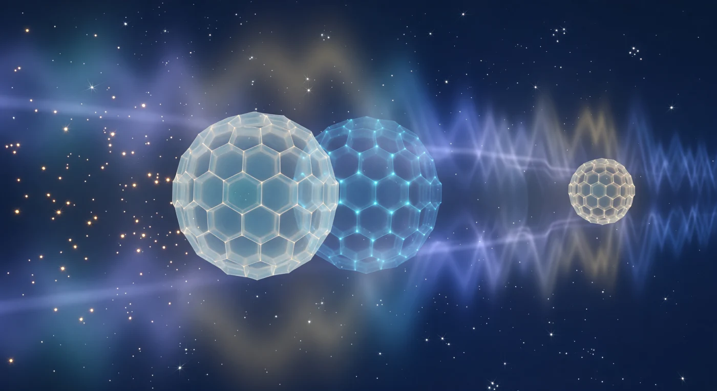 You see a fullerene molecule stretched across your view like a drifting geodesic world, its sixty carbon atoms forming a cage of pale blue-white facets that appear twice at once, two translucent ghost images occupying the same space and sliding through separate paths in the interferometer. Ahead of them, vivid violet and cobalt interference fringes hang in the void as standing waves of probability, their sharp periodic structure gradually disturbed by warm gold sparks that mark stray photons and air molecules touching one path and not the other. With each contact, one ghost brightens and firms into a more opaque, amber-tinged body while the other thins and fades, and the fringes blur from crisp bands into soft haze as coherence is lost. What began as a delicate overlap of possibilities resolves into a single definite molecule moving alone, the scene shifting from cool quantum translucence to the warm solidity of classical reality.