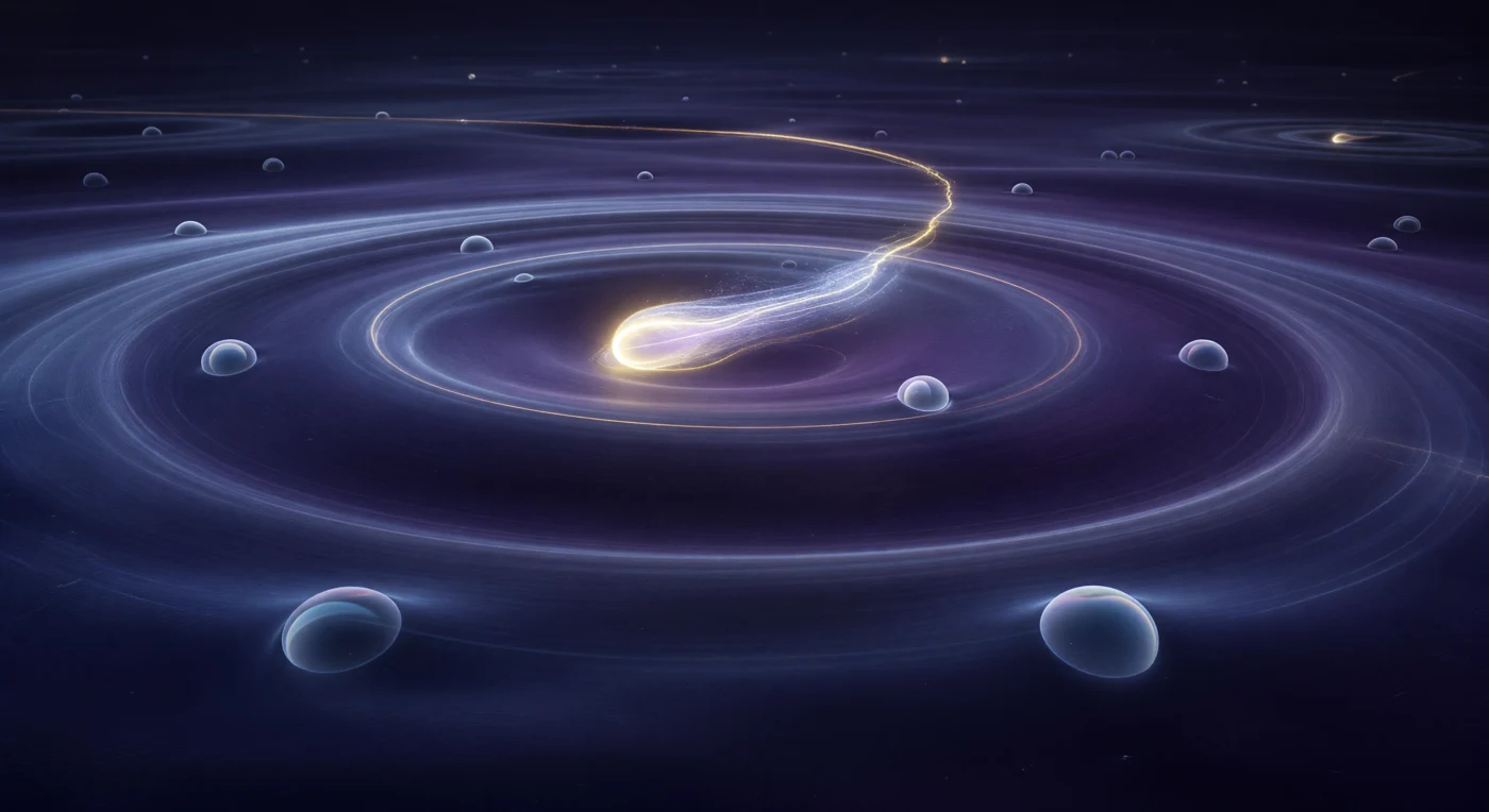 The observer floats suspended inside a substance that is neither space nor matter but something older than both — the chiral condensate, a non-perturbative vacuum condensate of quark-antiquark pairs whose spontaneous formation breaks the chiral symmetry of QCD and in doing so donates roughly 300 MeV of constituent mass to every quark that moves through it, transforming nearly massless current quarks into the heavy, sluggish objects that build protons and neutrons. All around, the medium presses inward with a dark indigo-violet density that carries no classical analogue: it is structured nothingness, an order parameter ⟨ψ̄ψ⟩ ≠ 0 filling all hadronic space at a scale of femtometers, its inner luminescence the diffuse signature of latent QCD energy with nowhere to dissipate. Ahead, a quark blazes a white-gold trail as its field aura visibly fattens with absorbed mass, the surrounding condensate warping subtly inward in response to its color charge, while gossamer blue-violet rings expand outward across the medium wherever a pion — the pseudo-Goldstone boson born precisely because chiral symmetry was broken — sends a low-energy disturbance rippling through the fabric. Scattered through the violet dark, pale spherical bubbles silently open and seal where thermal or quantum fluctuations momentarily restore chiral symmetry, their iridescent walls a fleeting reminder that this dense, ancient medium is not permanent law but a chosen ground state, the universe settling into the lowest available energy like breath condensing on cold glass — and that all visible mass begins here, in the stillness of a broken symmetry.