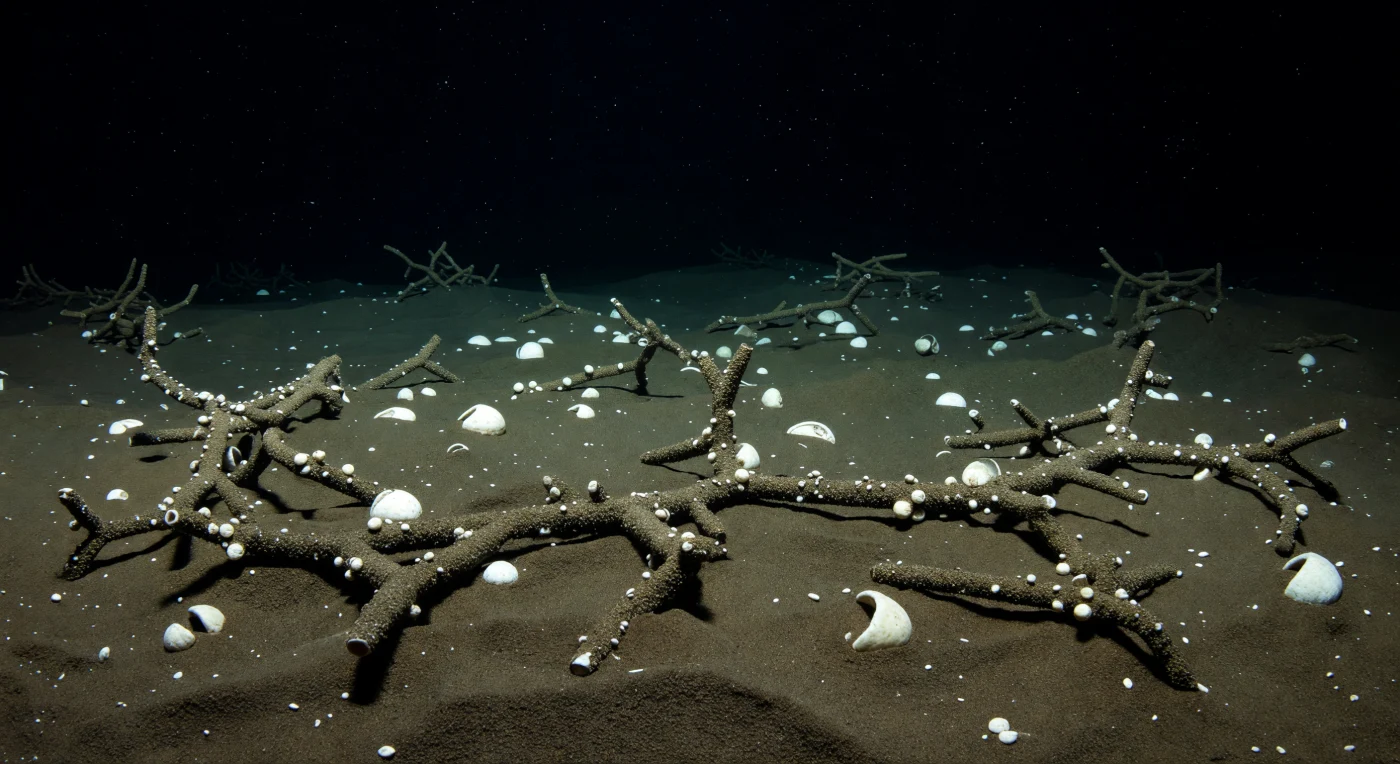 You hang suspended above a terrain that swallows light entirely, your cold beam the only thing separating structure from void: below you, the abyssal plain stretches as a velvety dark ooze of compacted silt and carbonate dust, punctuated by the tilted, milky-white tests of dead foraminifera half-claimed by sediment like the ruins of a drowned cemetery. Across this surface, a single Rhabdammina abyssorum has built its body outward in branching cylindrical tubes — each roughly 200 micrometers wide, rough-textured with coarse grains cemented in dark organic mortar of ochre and grey — the whole network lying in a sprawling, collapsed lattice that reads at this scale like a dead coral skeleton pressed flat into the ooze, its junctions swollen, its free ends sealed against the dark. Clusters of juvenile foraminifera cling to the tube walls in pale, cream-white colonies, their tiny trochospiral coils catching the cold light like fragments of chalk mortared to gravel, the entire agglutinated architecture simultaneously geological and biological — a single cell engineering its shelter grain by grain from the sediment it inhabits. Above everything, the water column presses down as absolute darkness, fine ooze particles drifting as faint suspended motes at the edge of your light before vanishing back into 4,500 meters of cold, crushing black.