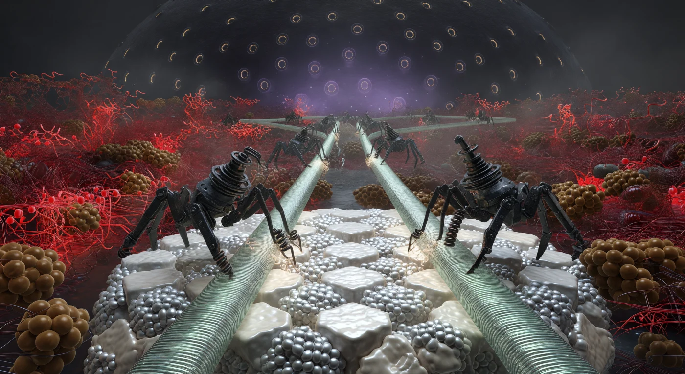 You are perched atop a vast icosahedral fortress hurtling through the interior of a living cell, gripping the faceted surface of an adenovirus capsid whose raised capsomers spread beneath you like cobblestones of pale ivory and cold platinum, each protein subunit a rounded knuckle of dense molecular matter whose hexagonal geometry reflects the strict thermodynamic logic of T=13 triangulation. Directly below, two parallel rails of microtubule track glow silver-green with cold phosphorescence, their surfaces corrugated into 4 nm protofilament ridges of tubulin dimer pairs — structures so regular they feel architectural, like suspension bridge cables glimpsed from an insect clinging to their surface — while dynein motor complexes grip the underside of your vessel in asymmetric frozen strides, their 15 nm iron-grey ring-and-stalk assemblies caught between power stroke and recovery, each mechanical cycle consuming a single ATP molecule to advance the entire capsid cargo toward the nuclear envelope visible as a vast dark planetary wall across the far visual field, its surface dimpled with the sealed irises of nuclear pore complexes through which this virus will ultimately inject its genome. The surrounding cytoplasm is a world of crushing density: tarnished-bronze ribosomes 25 nm across press in from every direction, clustered in polysomes along invisible mRNA threads, while arterial-red actin filaments weave between them in branching double-helical strands, the entire scene bathed in a sourceless anisotropic bioluminescence that reveals not emptiness but the staggering molecular crowding — 20 to 40 percent of cytoplasmic volume occupied — through which this ancient molecular parasite navigates with ruthless geometric precision.