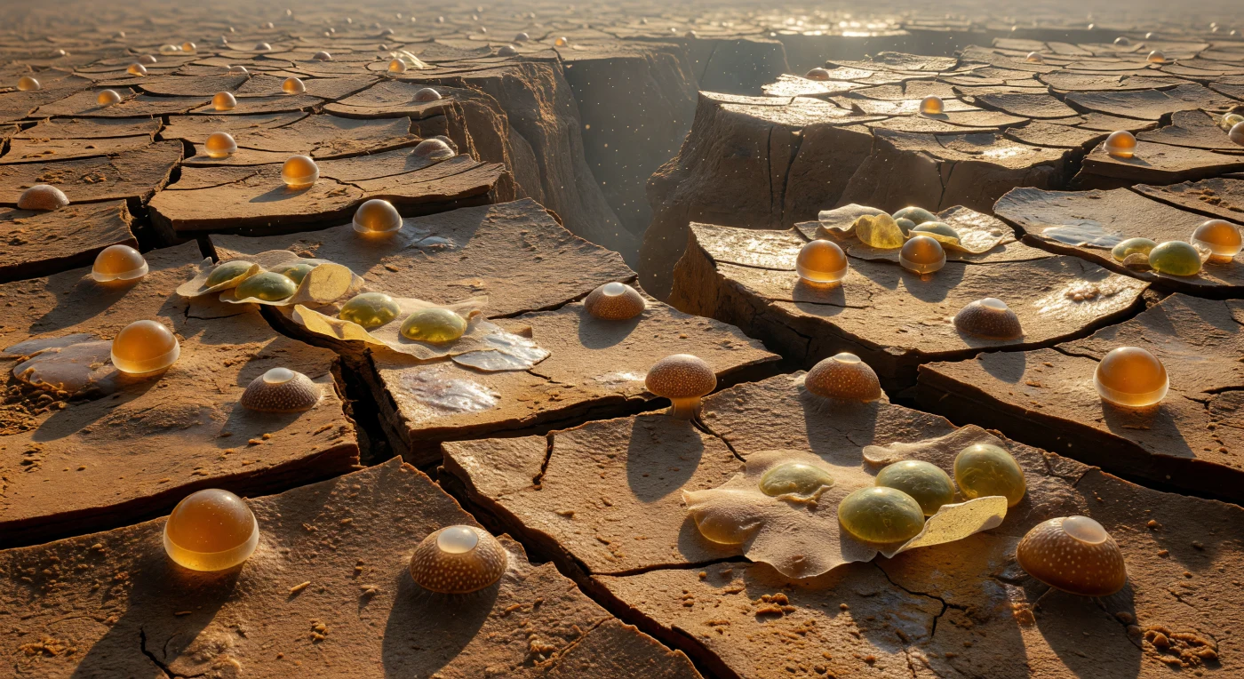 Across a vast fractured plain of desiccated clay, warm oblique light rakes over a mosaic of polygonal mud plateaux separated by shadowed crevasses, illuminating the scattered survivors of a vanished pond: amber spheres and chitin domes of dormant protist cysts that rest against the granular substrate like polished beads dropped on broken stone. Each Colpoda cyst is a masterpiece of biological engineering — a double-walled chitinous capsule roughly 15 micrometres across, its outer wall chemically hardened against osmotic assault and UV damage, enclosing a metabolically arrested cell that has shut down nearly all biochemical activity and can persist in this state for years, even decades, through cycles of freeze, desiccation, and chemical stress. The Arcella tests nearby are domed helmets of self-secreted organic material, their apertures sealed with a translucent plug, their surfaces bearing a fine geometric lattice of protein subunits — each one a biological vault whose inhabitant has withdrawn entirely from the world. Between the solitary cysts, collapsed sheets of dried Euglena palmella mucilage catch the raking light with a faint biological sheen, their olive tints betraying dormant chloroplasts still holding their pigment inside cells that have surrendered motility and individuality for collective encystment in a communal gel. Everything here is suspended in a kind of deep biological time, waiting — each smooth, perfected form a stark, luminous anomaly against the fractured geological disorder of the substrate — for the chemistry of water to return and unlock them.