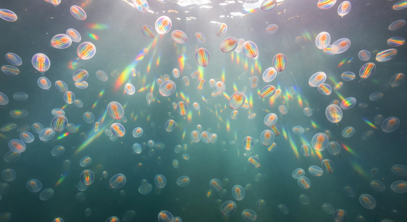 Looking straight up from twelve meters below the surface of Hardangerfjord in high August, the water column above dissolves into a cathedral of drifting glass — hundreds of *Bolinopsis infundibulum* suspended at every depth between viewer and the rippled silver ceiling of the surface, each individual an oval lantern of near-perfect transparency, eight to twelve centimeters long, their mesoglea so optically matched to the surrounding seawater that they read less as solid matter than as refractive ghosts, betrayed only when a shaft of Nordic sunlight catches their geometry at precisely the right angle. The defining spectacle is the eight comb rows running meridionally along each body: longitudinal bands of fused compound cilia — each plate bearing roughly 100,000 individual axonemes beating in antiplectic metachronal waves — that act as living diffraction gratings, cycling continuously through red, gold, teal, and violet as ciliary plates open and close in rolling sequence, the phase offset between neighboring animals ensuring that at any frozen instant the entire chandelier above shimmers with asynchronous, polychromatic fire. Several of the nearest individuals carry a warm apricot blush through their gastrovascular canals, the translucent flush of recently ingested copepods visible through colorless mesoglea the way a yolk shows through an egg held to the light, while broad volumetric columns of blue-white sunlight descend from the surface at oblique angles and are spectrally dispersed by each comb row they intersect, smearing into short prismatic fans that fill the mid-water between bodies with a diffuse chromatic haze. The fjord's late-summer phytoplankton haze lends the water column a faint jade tint through which marine snow drifts in slow suspension, copepods scull in brief arcs of alarm, and the collective refractive and diffractive presence of hundreds of near-invisible animals transforms this cold Norwegian water column into something between a stained-glass nave and a field of slow-turning prisms — utterly silent, continuously luminous, and alive.