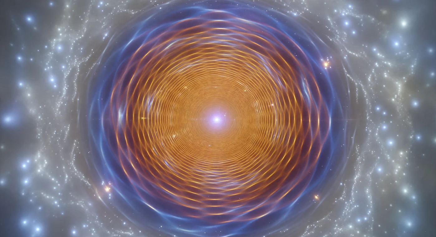 You drift along the central axis of a chromodynamic flux tube — a cylindrical corridor roughly 0.4 femtometers across, its walls neither solid nor gaseous but a compressed architecture of color field burning from deep amber-gold at its core through molten copper and bruised violet into indigo at the boundary where confinement surrenders to the seething quantum vacuum beyond. This is the QCD string, a rope of gluonic field held under tension of approximately 0.18 GeV² per femtometer, the most fundamental tether in nature — one that never slackens, only deepens, so that pulling toward either luminous white-hot endpoint would cost enough energy to tear new matter directly from the vacuum itself. Along the iridescent wall, transverse standing waves ripple in concentric bands like the meniscus of an oil slick over dark water, each crest the visual signature of quantum field fluctuations intrinsic to the string's ground state, while at the boundary layer ephemeral paired sparks — virtual quark-antiquark pairs momentarily nucleated by the field's own intensity — flare asymmetrically in pale blue-white and warm amber before being swallowed back into the amber medium, ghost-smears dissolving along the axis in less than 10⁻²⁴ seconds. Outside the tube wall, the vacuum itself is not dark but texturally luminous, a churning silver-grey fog punctuated by brief spherical intensifications — gluonic and chiral condensate fluctuations — pressing against the boundary with their own faint weight, reminding you that even the apparent emptiness here is saturated with field energy, and that the corridor you inhabit is not an exception to this world but its most concentrated, most honest expression.