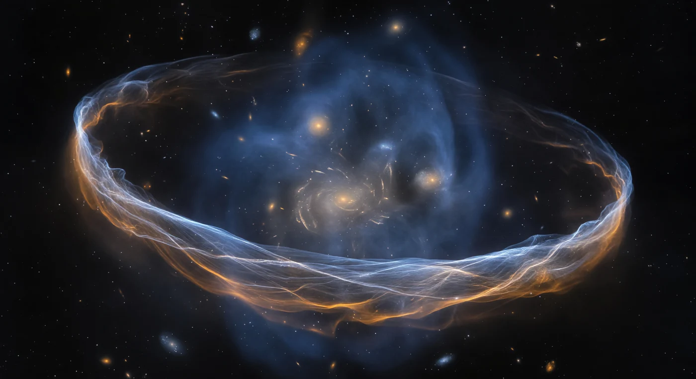 You float five megaparsecs from the gravitational wreckage of two merged galaxy clusters, suspended in a vacuum so close to absolute that the only matter around you is a whisper of ionized plasma too thin to register yet wide enough to arch three megaparsecs across the sky in a single luminous crescent. That arc — the radio relic — curves before you like a breaking ocean wave caught at the peak of its height, its leading edge blazing in cold electric blue where the merger shockfront has swept and compressed magnetic field lines into near-parallelism, forcing relativistic electrons into synchrotron emission along subtly braided filaments each a few kiloparsecs thick; moving inward, the blue cools through ice-white threads into deep amber-orange where the shock has already passed and the plasma has begun to drain its energy, the color gradient reading like the inner surface of a luminous translucent shell curving gently away at a scale that reduces entire galaxies to amber smudges drifting through the diffuse blue radio halo filling the cluster's interior volume behind it. That halo — a vast, even fog of re-energized turbulent plasma — softens the background like ground glass, its cold synchrotron luminescence interrupted only by the warm lenticular presences of settled elliptical galaxies whose ancient stellar populations glow in gold-shifted tones, carrying in their amber light the record of star formation that ended billions of years before this merger ever began. The foreground shimmers faintly with the warm-hot intergalactic medium threading through the surrounding supercluster filament, a haze so tenuous it approaches transparency yet still scatters the relic's photons into a soft spectral mist at its nearest edge, while beyond the cluster the background universe recedes in every direction as bluing, fragmenting galaxy smudges embedded in absolute black.