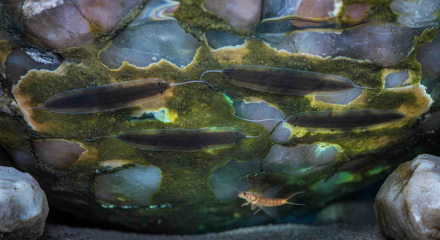 The view is pressed flat against the underside of a granite cobble, looking upward into a ceiling of living stone — feldspar and quartz territories interlocking at enormous apparent scale, their mineral edges catching refracted stream-light as faint prismatic glints, the entire surface filmed with a crust of periphyton in olive-drab, gold-green, and pale ochre where diatom colonies have colonized every facet. Three Dugesia planarians occupy this ceiling-world above, each a long dark ellipse of ash-gray and deep umber moving with the unhurried, muscular inevitability of something that has no skeleton to constrain it — bodies pressed intimately to the biofilm, flattened to near-perfect contact across their entire ventral surface by the continuous coordinated beating of cilia too small and too numerous to resolve, the locomotion appearing as pure, seamless glide. They are backlit by cold blue-green stream-light filtering down through the water column above the cobble and refracting into this sheltered underside chamber as a diffuse submarine luminescence, rimming each animal's flattened margins in smoky amber-green where tissue thins to translucency, the faint branching architecture of gut diverticulae just visible through the dorsal surface like weather systems seen from altitude. Behind each animal, the mucus ribbon it has laid down across the diatom mat catches the scattered upwelling light as a barely-there silver filament — refractive, slightly raised, a molecular adhesion highway still warm with the animal's passage — while deep in the mid-water beyond the cobble's sheltering lip, a mayfly nymph drifts as a soft volumetric amber ghost, warm against the aquamarine of the water column, its segmented body unresolved by distance into pure luminous suggestion.