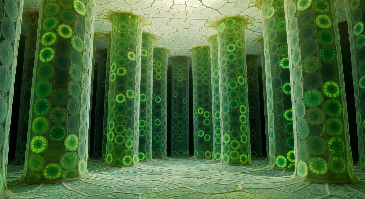 You stand at the base of a vertical world, looking up through a living cathedral whose green columns rise seventy micrometers overhead — palisade mesophyll cells packed wall to wall, their semi-translucent amber-green surfaces studded with hundreds of chloroplasts pressed flat against the inner face like emerald tiles in a Byzantine mosaic, biconvex and deep viridian at their cores, each one a self-contained solar collector whose stacked thylakoid grana are just visible as darker internal banding when the light strikes obliquely. Above, the upper epidermis glows like ground frosted glass, its waxy cuticle diffusing the incoming solar radiation into a luminous, near-shadowless downpour that slides between columns in soft curtains, catching the aqueous film on every cell wall as a faint specular gleam before deepening into charcoal in the intercellular crevices — those narrow black alleyways between towers that open laterally into the spongy mesophyll beyond, a labyrinthine gas-exchange network through which carbon dioxide diffuses toward the chloroplast-lined walls and oxygen drifts outward. The sheer density of chloroplasts transforms every wall into a continuous cold-green stained-glass panel, overlapping jade shadows layering one upon the next as lens after lens bends and re-emits the light, and where two chloroplasts nearly touch across an air gap their lime-bright margins glow like neon tubing against absolute blackness. Looking straight up along the canyon between two adjacent columns, the walls converge sharply, the ceiling brightens, and the perspective collapses into a dizzying vertical tunnel — this is photosynthesis not as chemistry but as architecture, a structure of pigment and cellulose quietly converting every photon that survives the journey through the cuticle into the molecular currency of life.
