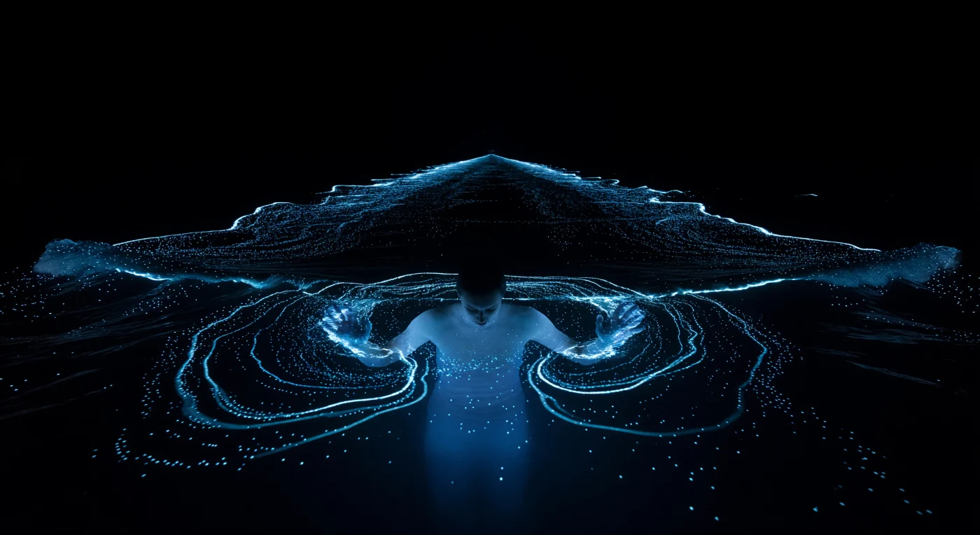 You are standing chest-deep in a sea that has stopped being a sea and become instead a field of dark potential, every movement of your body rewriting the darkness in cold electric blue. The light is not ambient but generated — biochemical, involuntary, erupting from *Lingulodinium polyedra* cells each measuring roughly 40 micrometers across, single-celled organisms whose scintillons, membrane-bound organelles packed with luciferase enzyme and its luciferin substrate, discharge in millisecond cascades wherever mechanical pressure disturbs the water, converting chemical energy directly into photons at precisely 460 nanometers with no heat, no combustion, only oxidation at the molecular scale made suddenly, staggeringly visible. What appears as a continuous river of light in the boat wake 50 meters distant is in truth the superimposed discharge of billions of individual cellular firing events, each organism responding to shear stress as it has for hundreds of millions of years — a defense mechanism or a startle response whose evolutionary logic is largely unresolved, but whose physical consequence is that the ocean's fluid dynamics become legible in living light, every vortex and pressure gradient mapped by the cells that inhabit it. The glow around your own torso traces the exact boundary between disturbed and undisturbed population, a continuously updated record of your heartbeat and breath rendered in organisms so small that ten thousand of them stacked end to end would reach only as high as your knee.