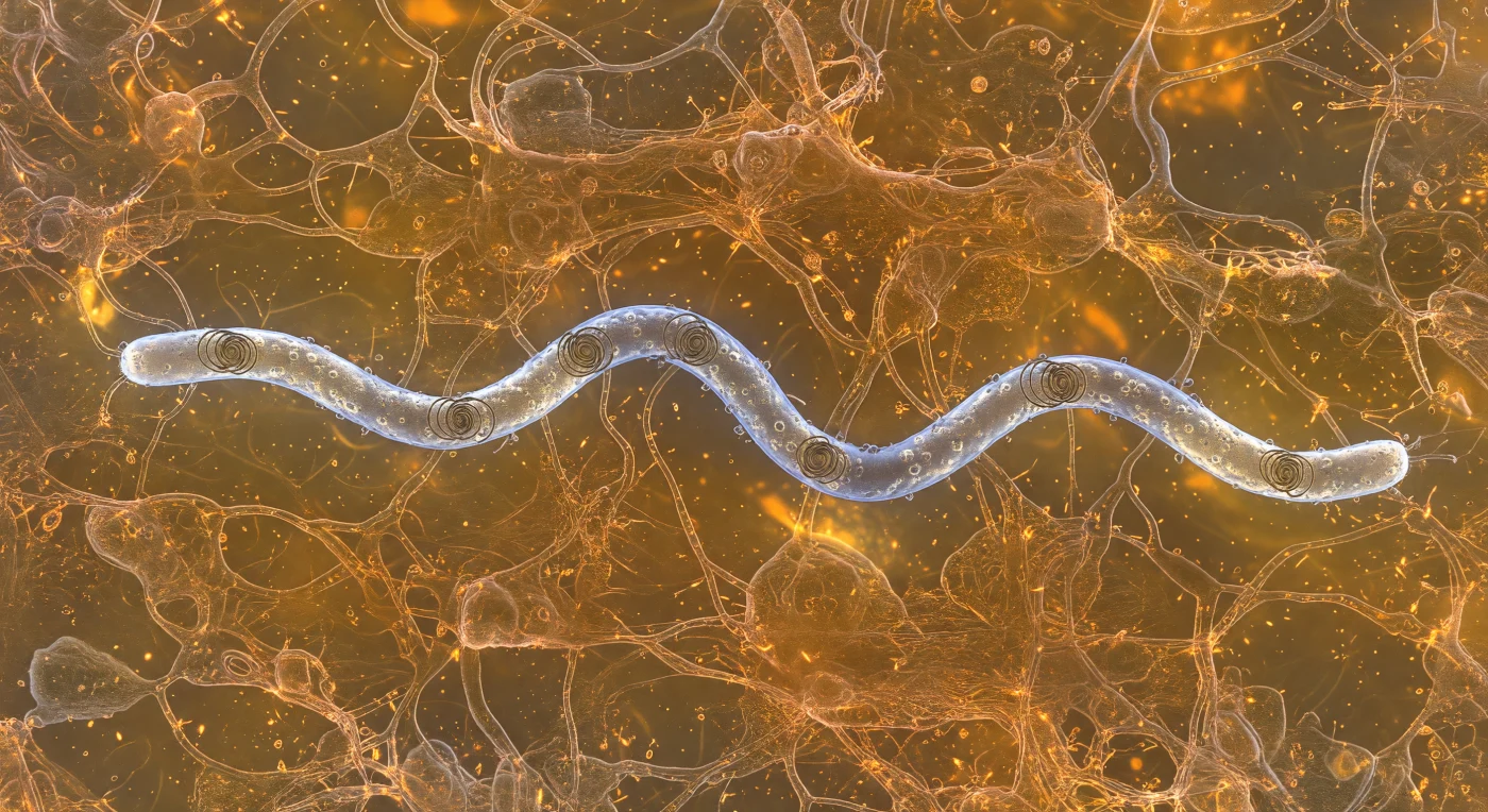 You find yourself suspended in a viscous amber world, immersed in the mucin gel lining a biological passage — a three-dimensional lacework of glycoprotein strands glowing with diffuse, sourceless warmth, pressing close on all sides like copper rigging in slow suspension. Five micrometers to your left, a *Borrelia burgdorferi* spirochete slices through this matrix with mechanical precision: its eighteen-micrometer helical body gleams with a cold silver-blue iridescence, outer-membrane proteins dimpling the surface like hammered platinum foil, while periplasmic flagella — entirely enclosed within the cell's outer sheath — are just visible as shadow-dark internal cables, their coordinated rotation bending the whole cell into a traveling flat wave that drives it forward without a single exposed appendage contacting the surrounding gel. This is a profoundly low Reynolds number world, where inertia means nothing and viscosity is absolute — the moment that internal flagellar machinery would cease its rotation, motion would stop instantaneously, the amber medium clamping down like cooling syrup. Where the spirochete's tapered ends push through the polymer network, glycoprotein strands bow outward in a slow V-wake before reforming behind the cell, individual filaments catching new angles of the omnidirectional bioluminescent glow and flashing brief copper-gold highlights as the pathogen navigates, molecule by molecule, through the dense biological architecture of its host.